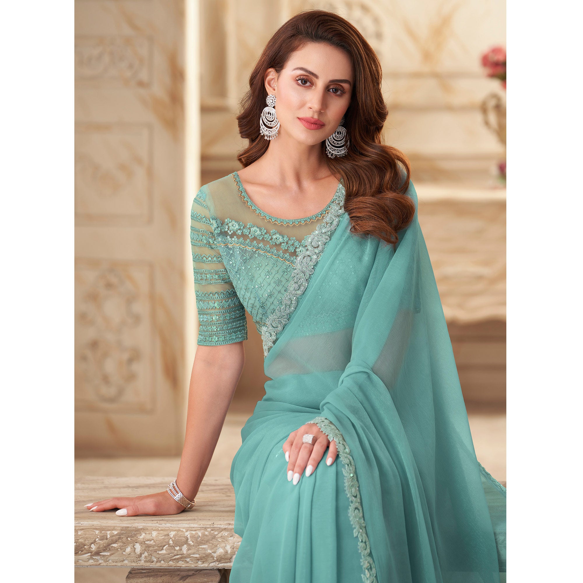 Turquoise Sequins Embroidered Georgette Saree
