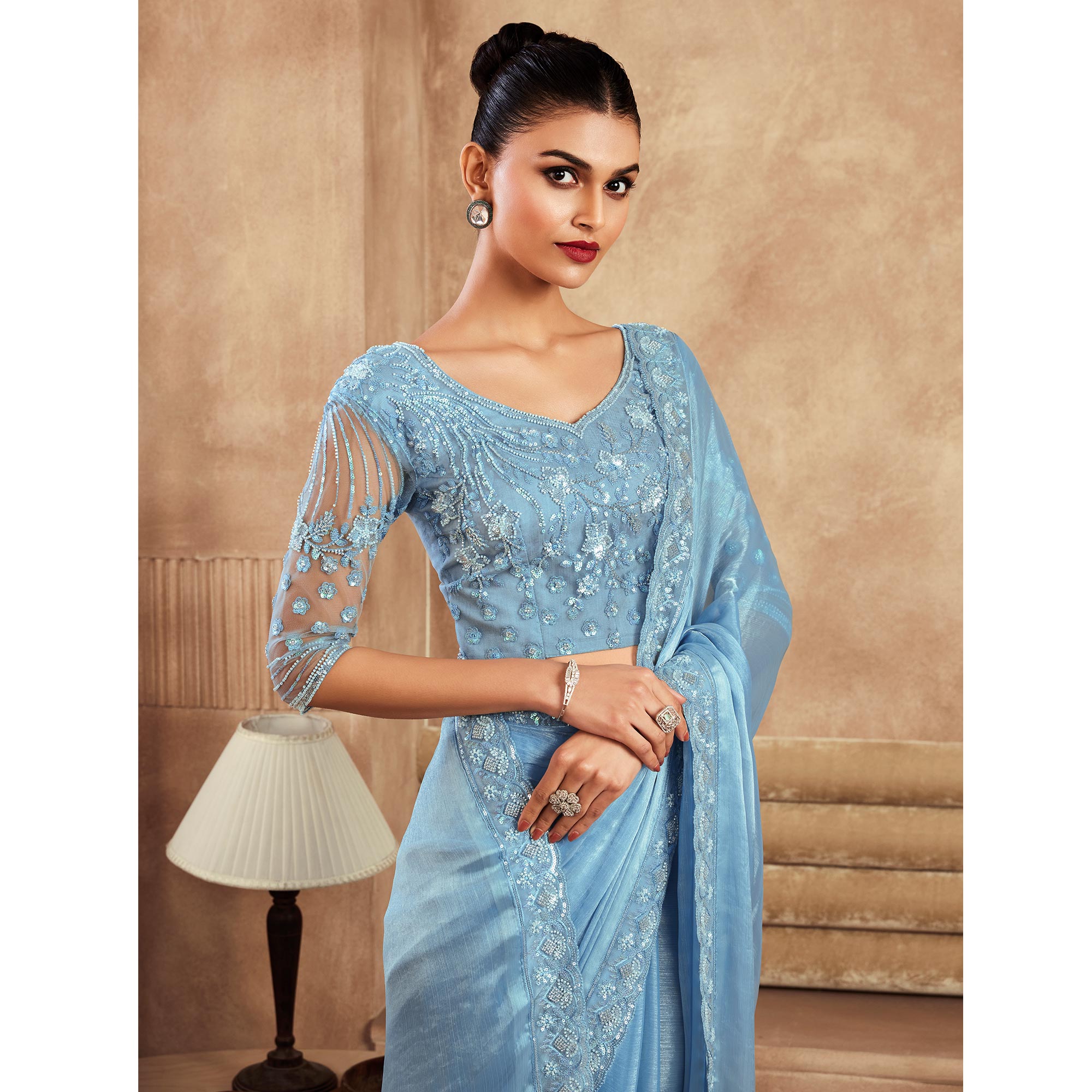 Sky Blue Sequins Embroidered Chiffon Silk Saree