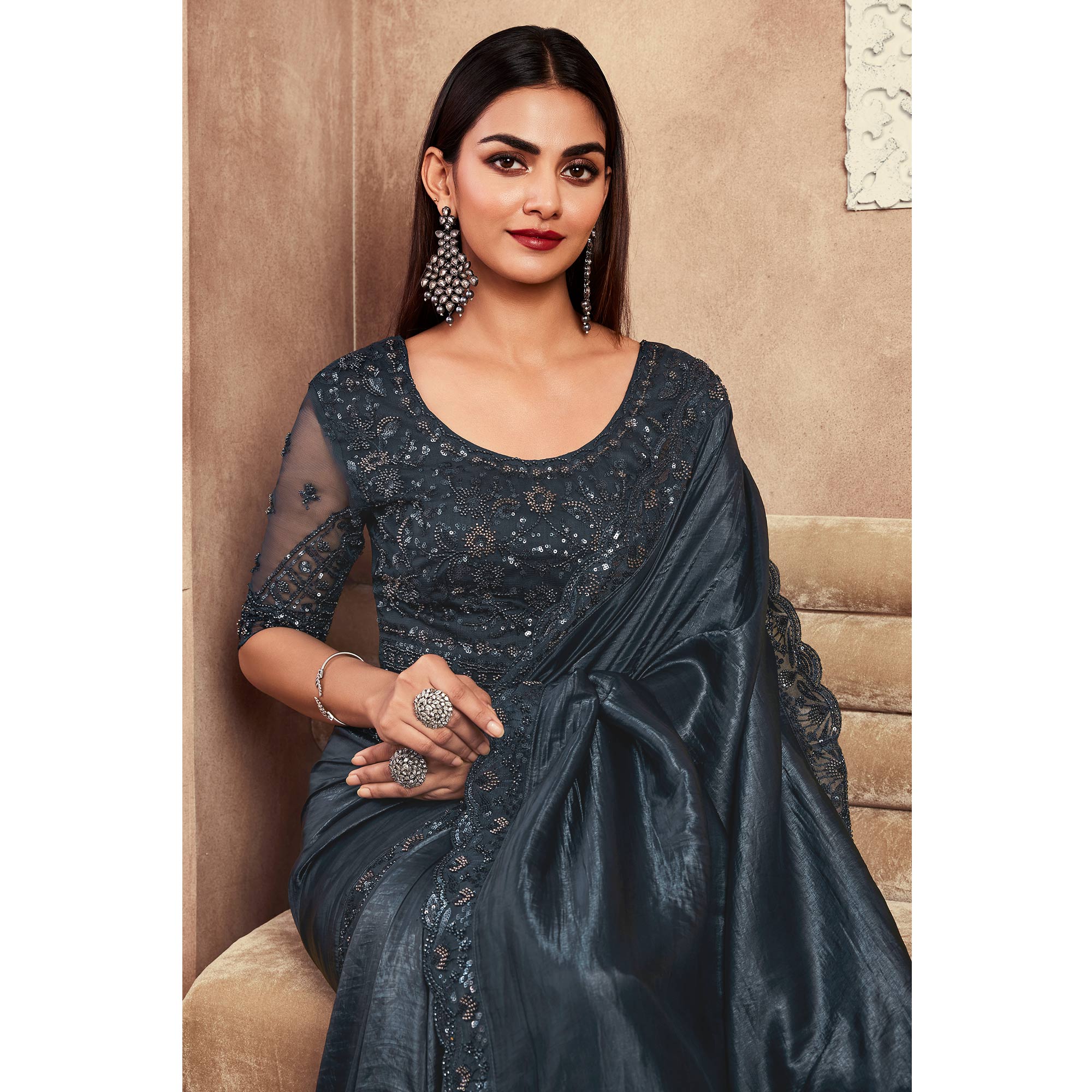 Black Sequins Embroidered Satin Silk Saree