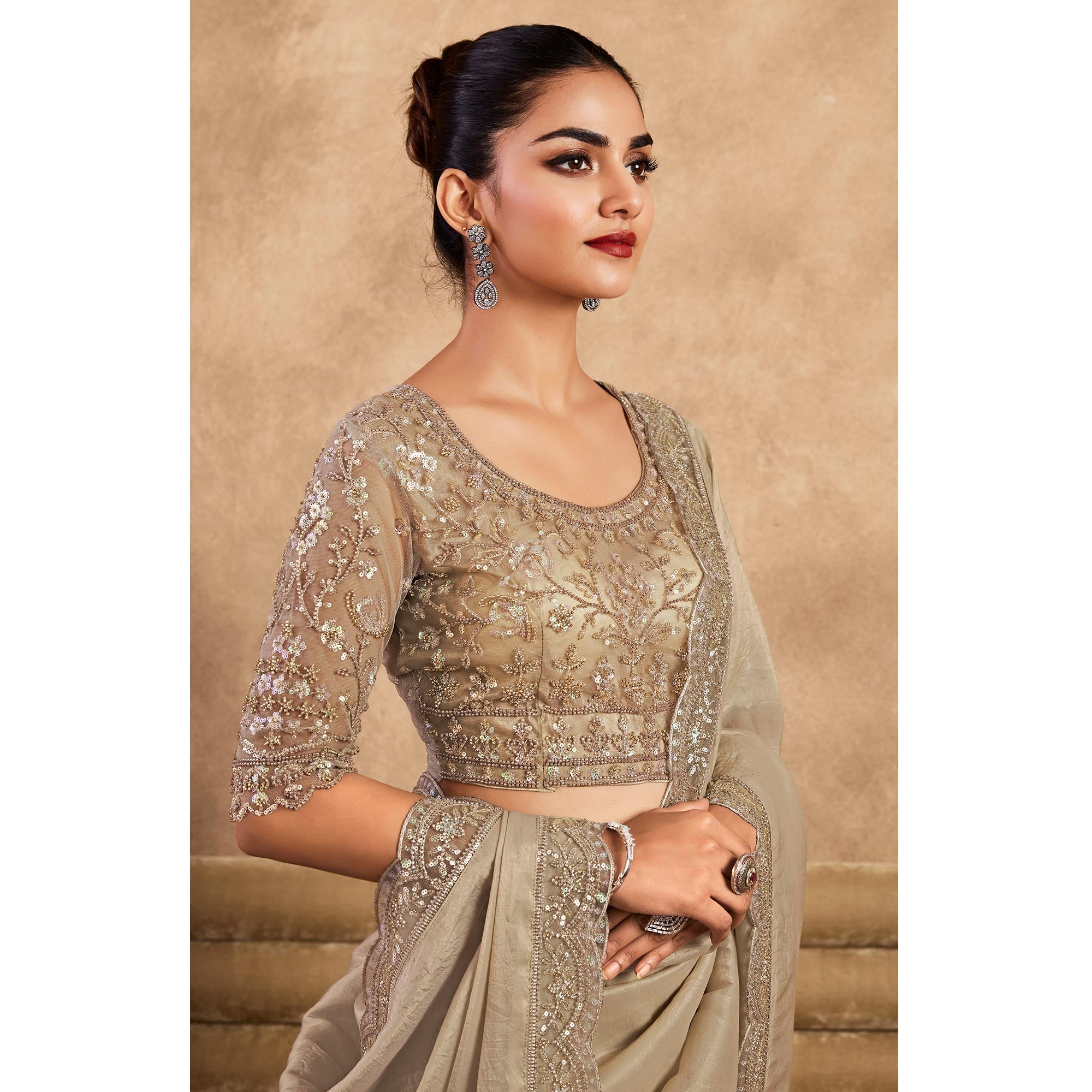 Beige Sequins Embroidered Satin Silk Saree