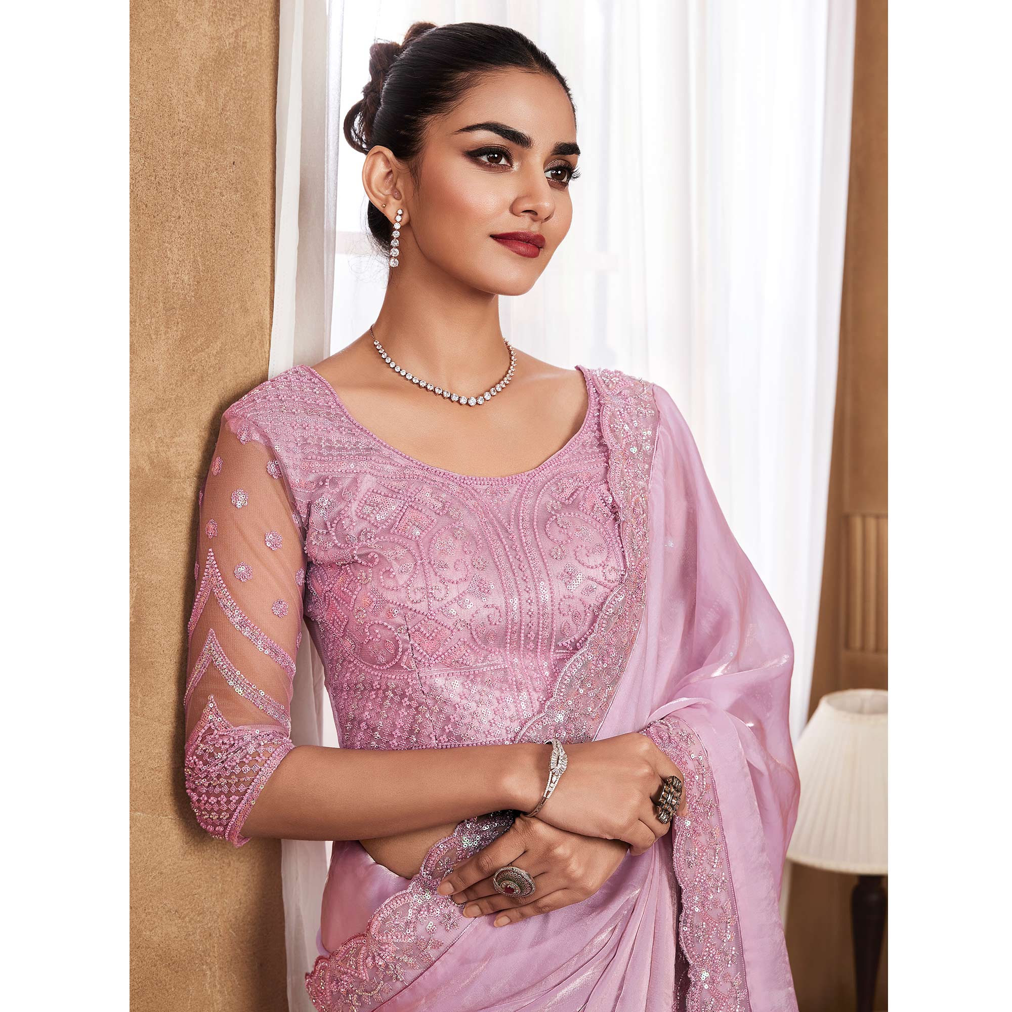 Light Pink Sequins Embroidered Satin Silk Saree