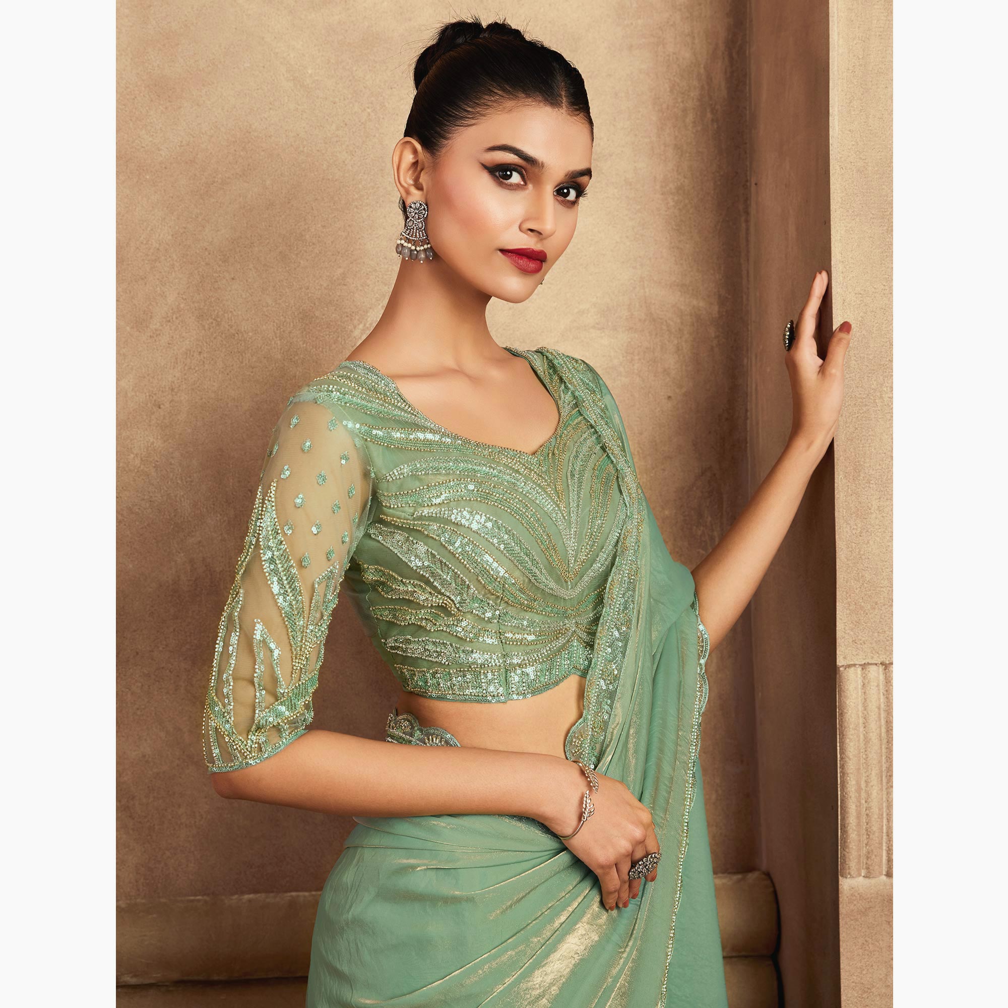 Sea Green Sequins Embroidered Satin Silk Saree