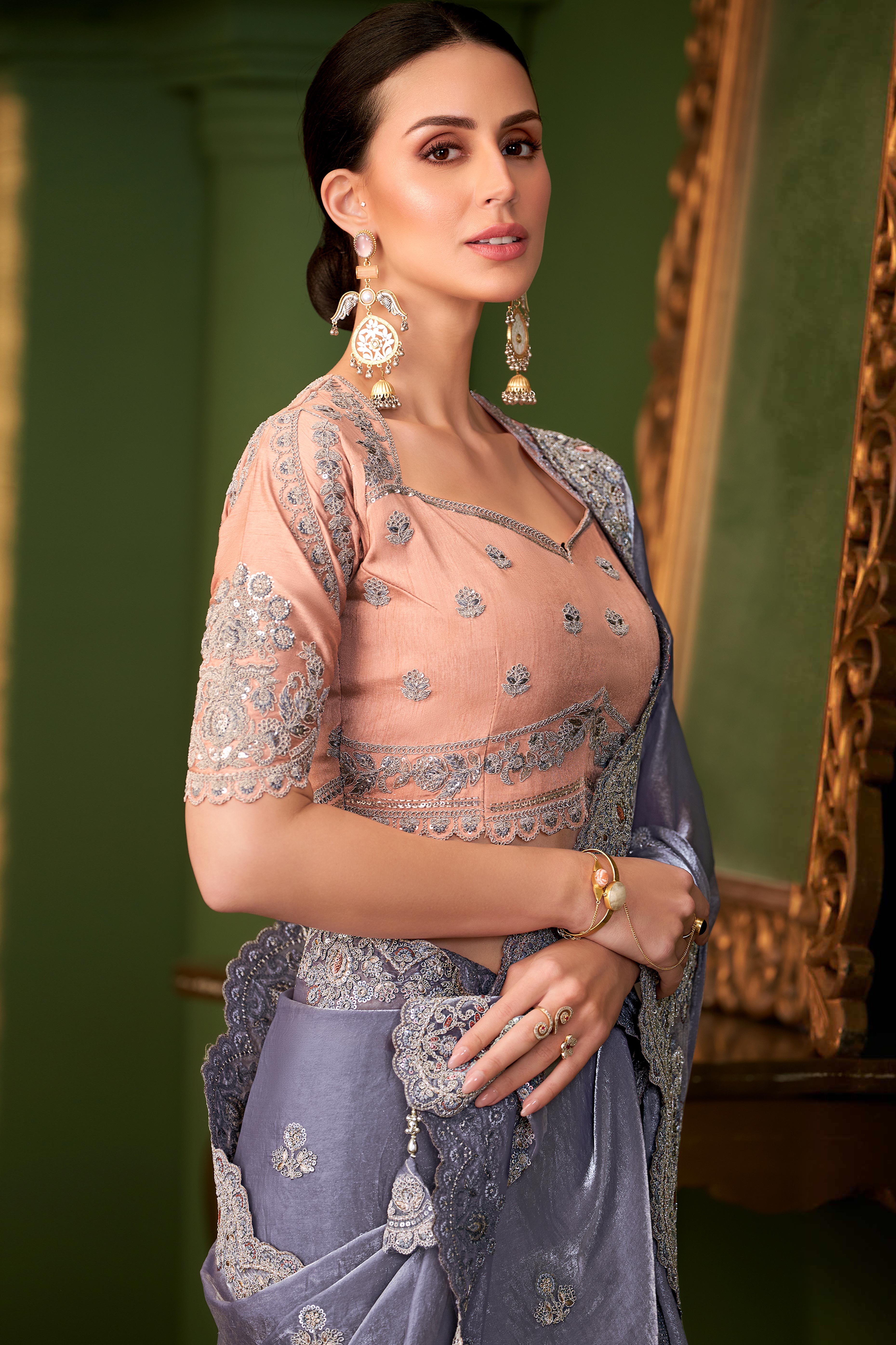 Stunning Bluish Grey Georgette Saree Adorned With Floral Cording Sequin Embroidery & Cutwork Border