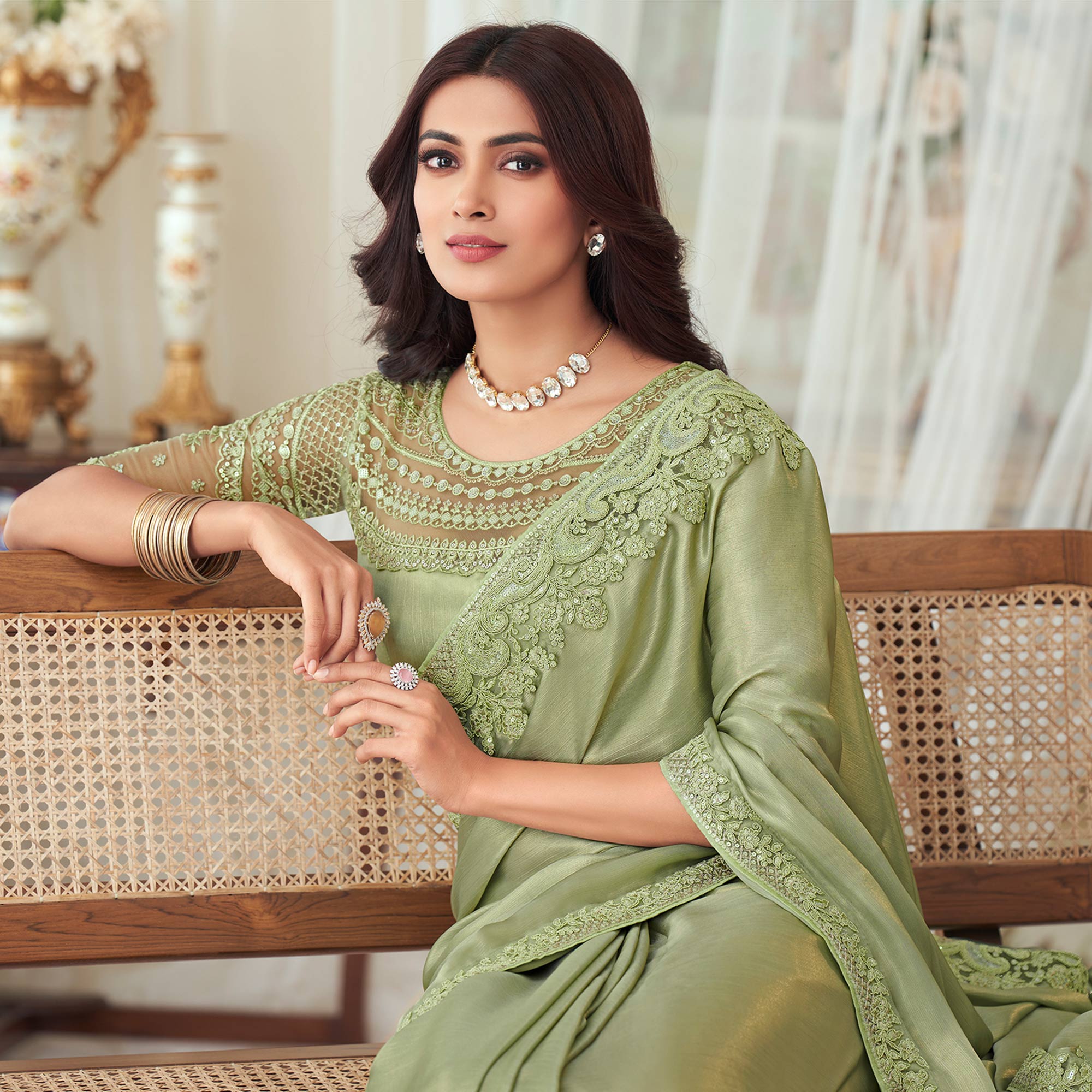 Pista Green Sequins Embroidered Satin Saree