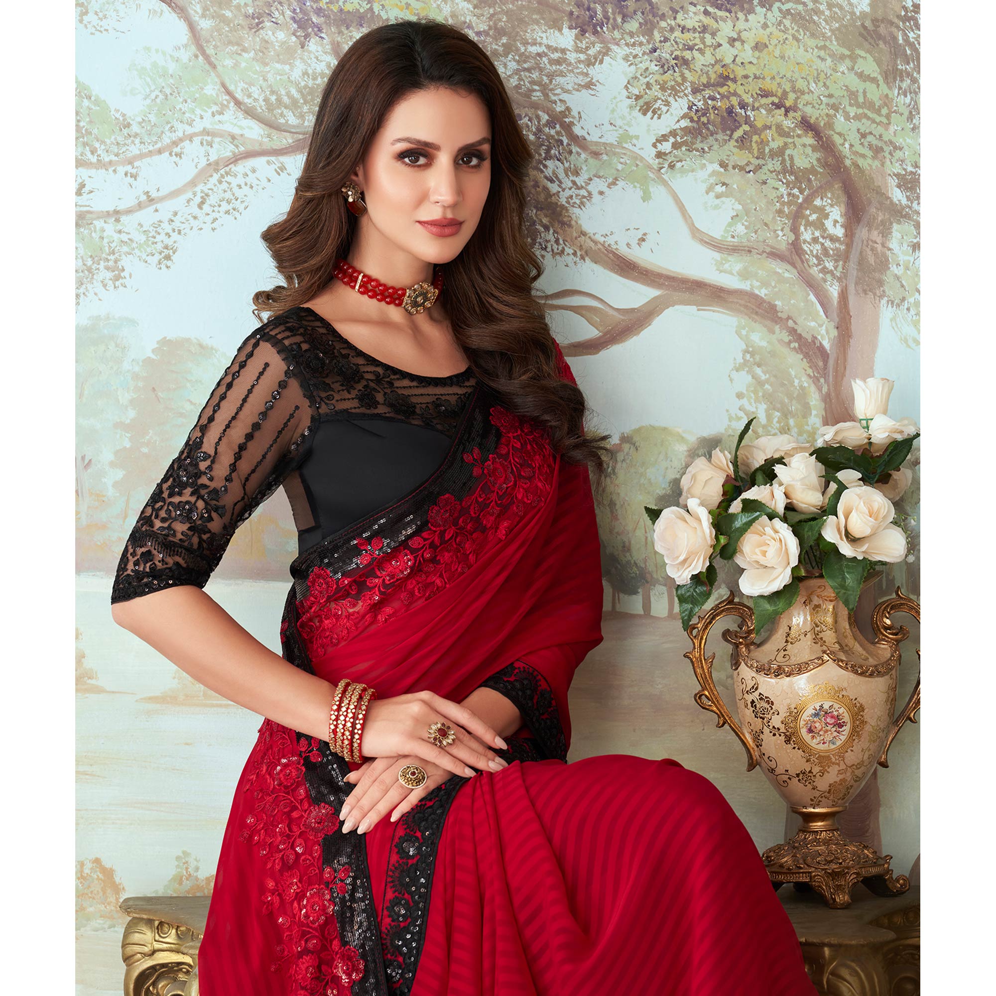 Red Sequins Embroidered Satin Saree