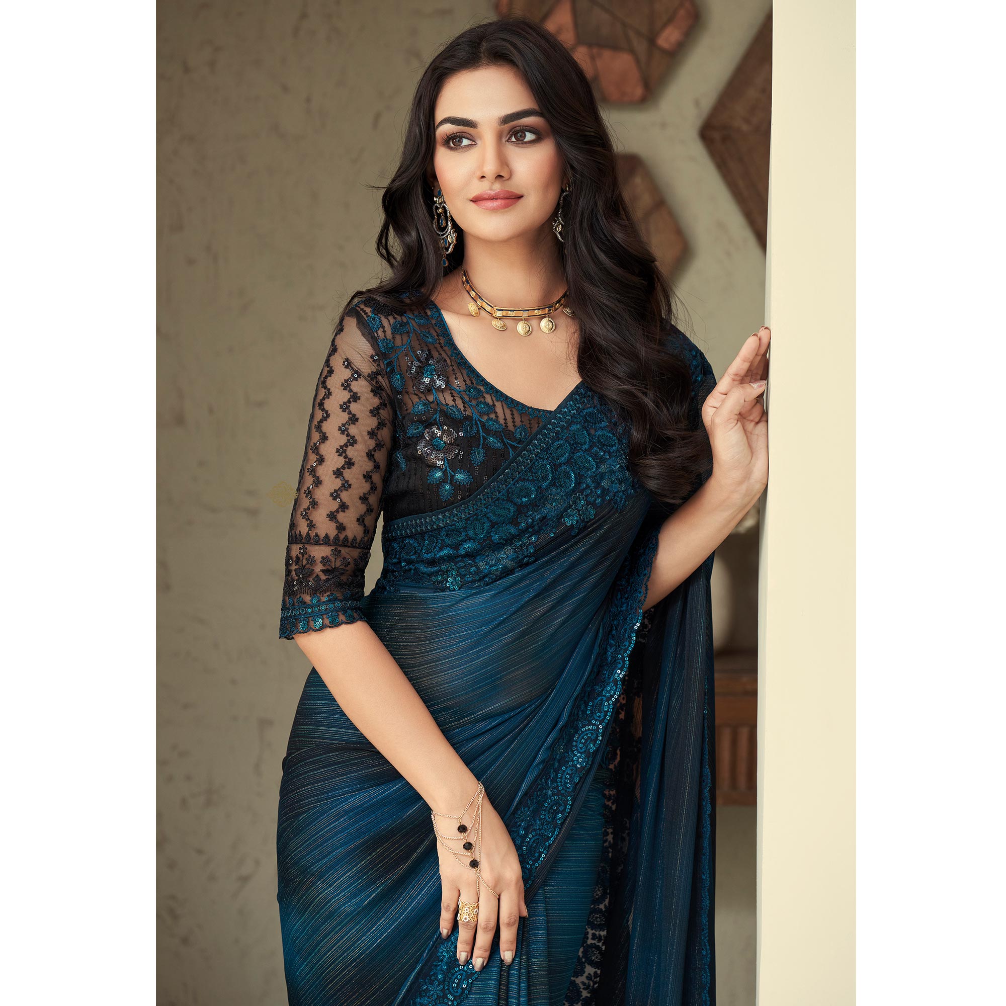 Blue Sequins Embroidered Georgette Saree