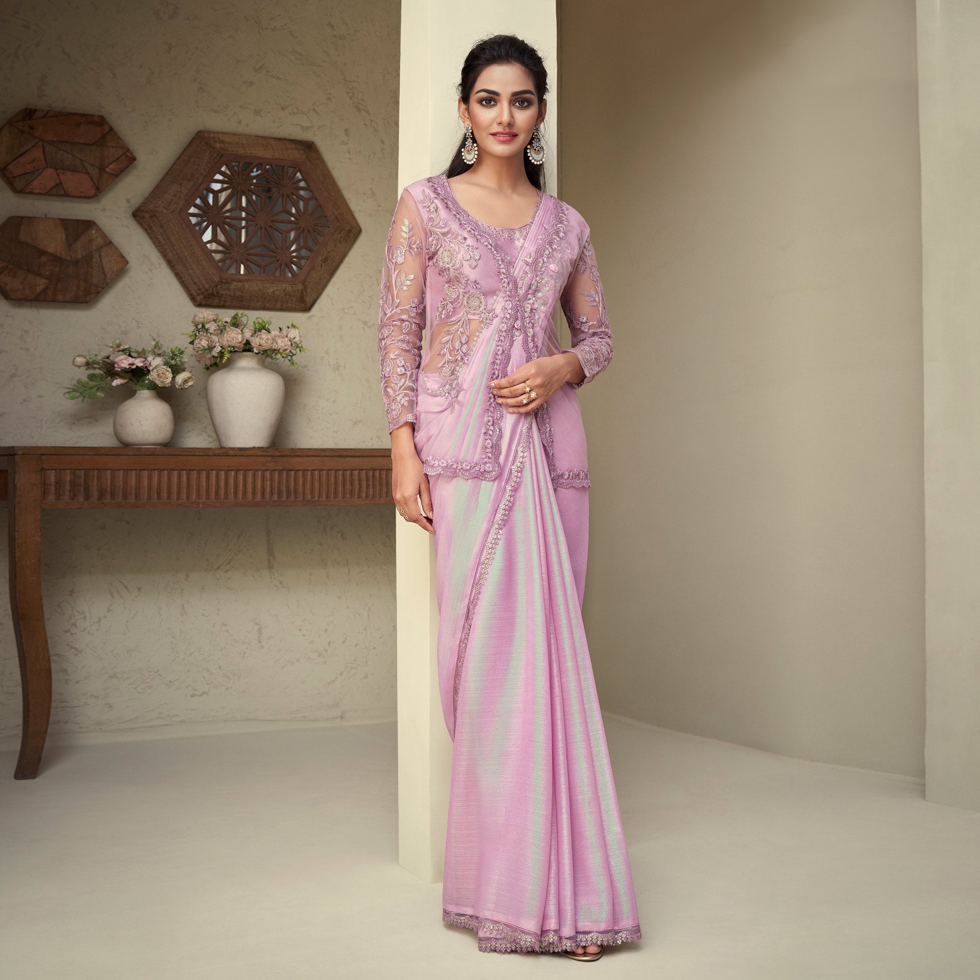 Light Pink Sequins Embroidered Georgette Saree