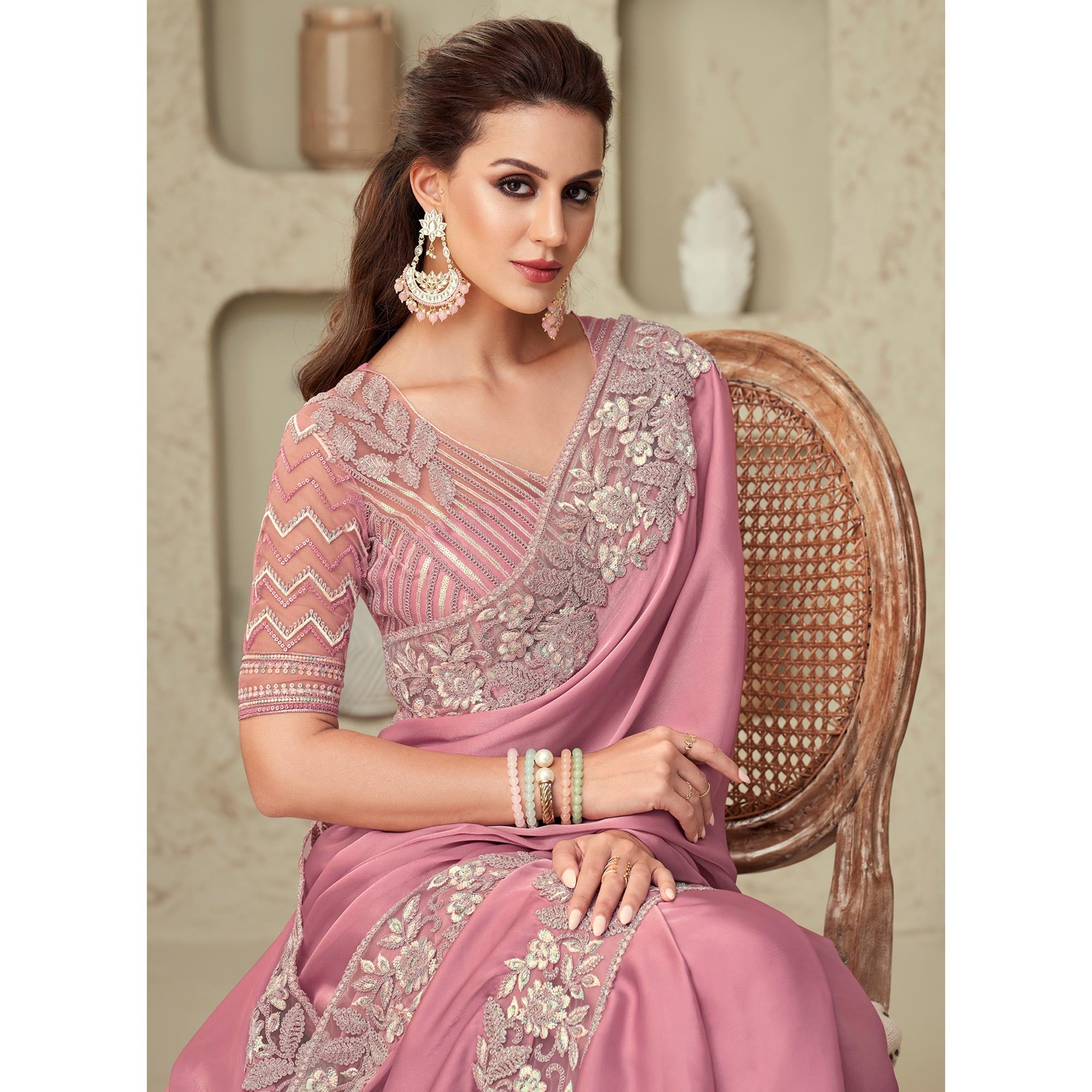 Dusty Pink Sequins Embroidered Georgette Saree