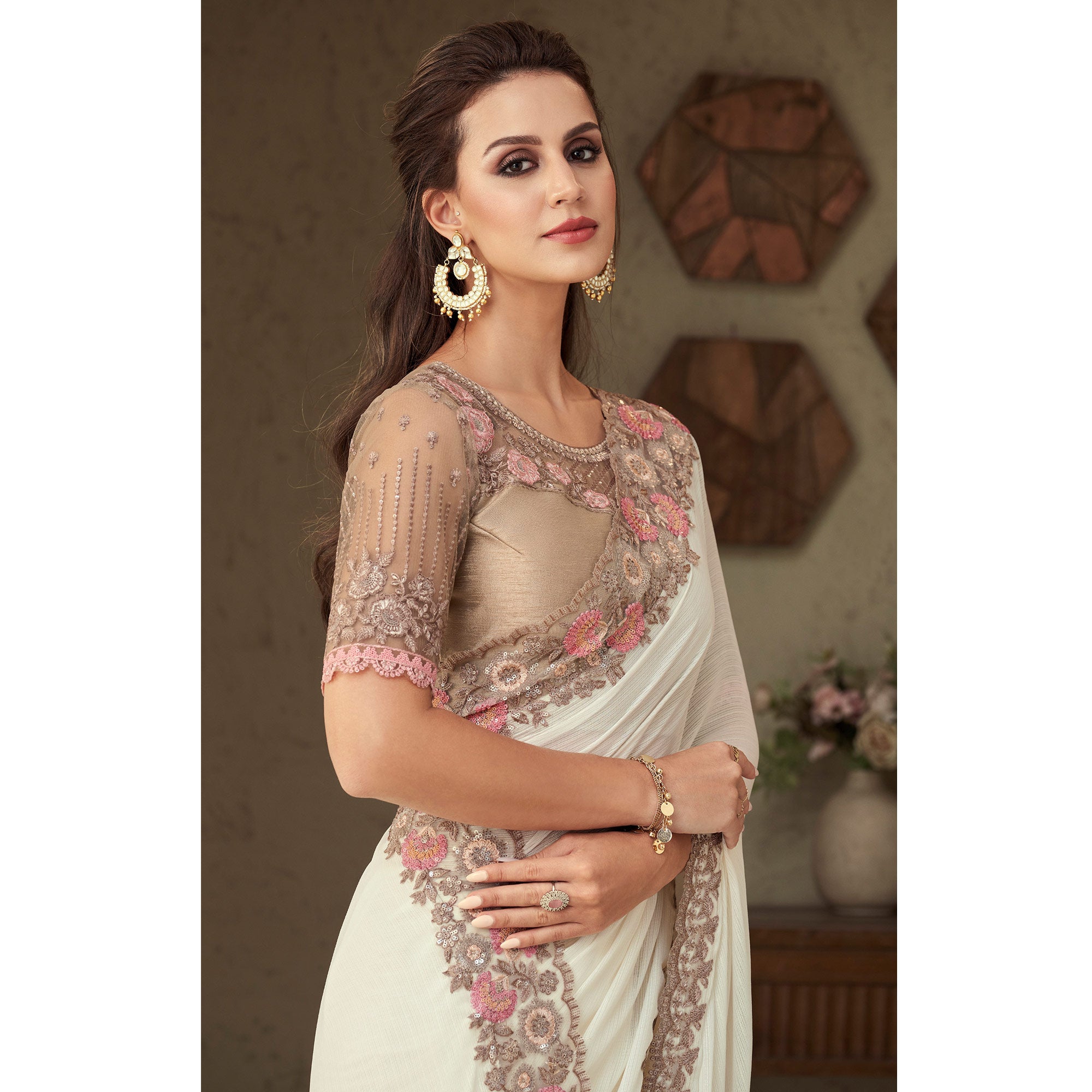 Off White Sequins Embroidered Georgette Saree