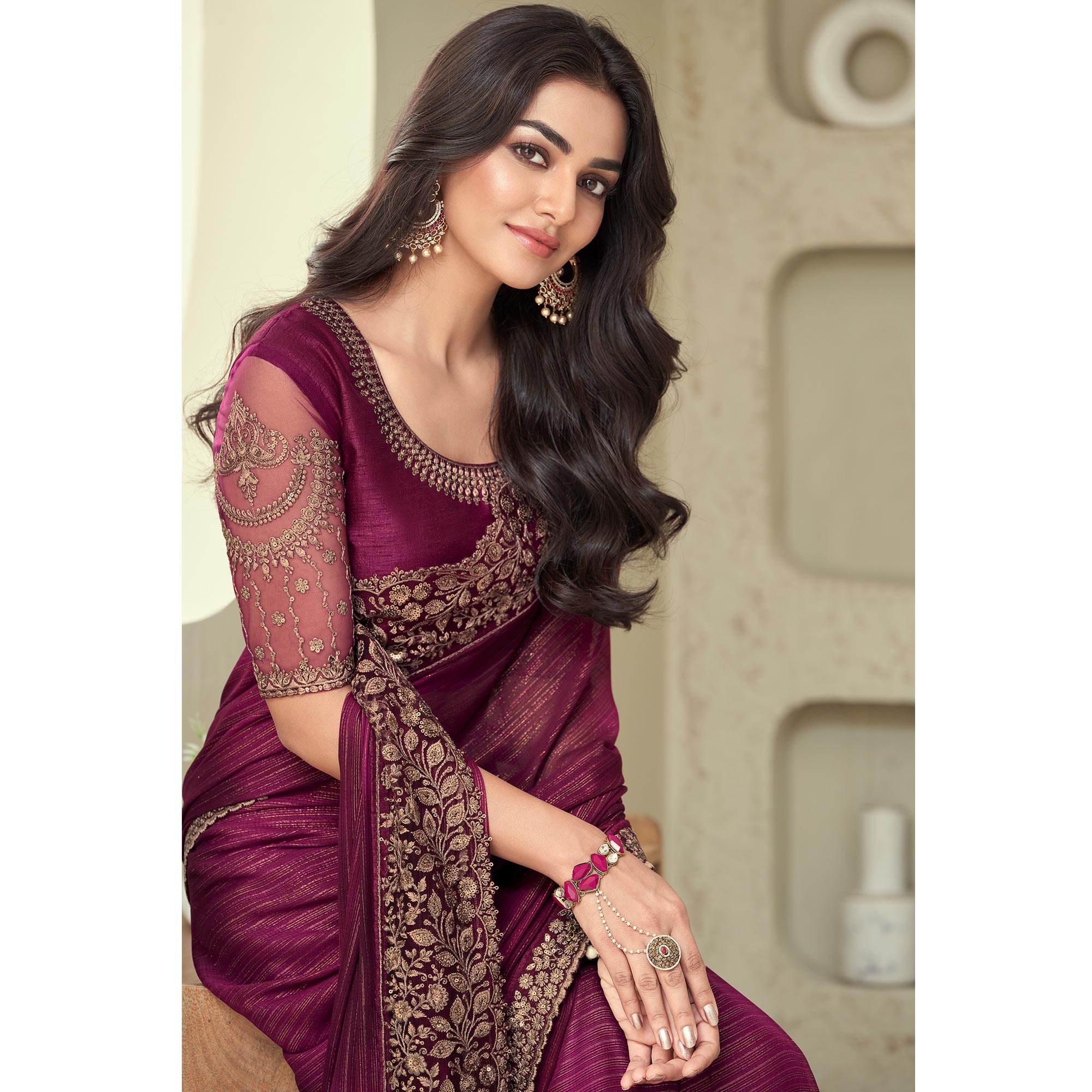 Wine Sequins Embroidered Georgette Saree