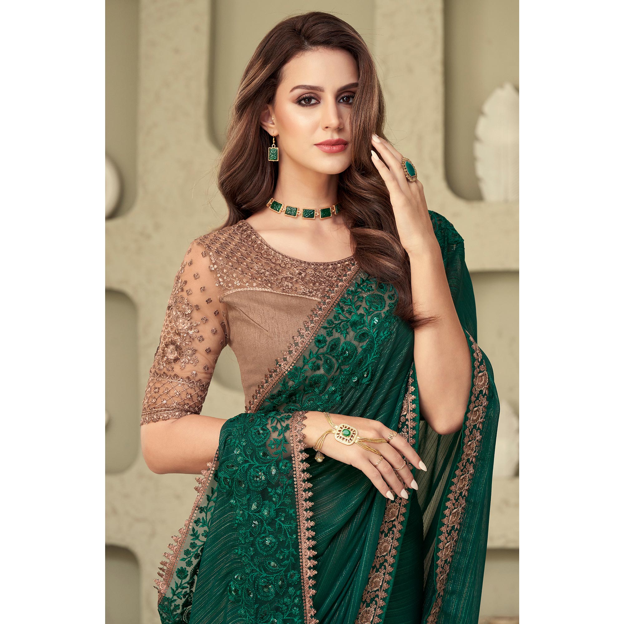 Green Sequins Embroidered Georgette Saree