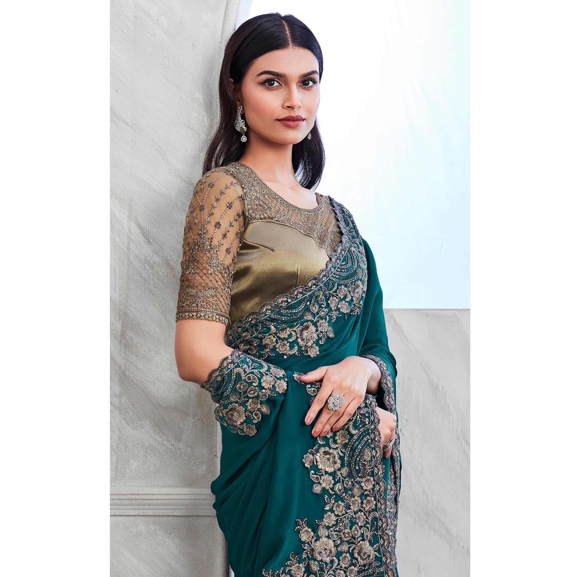 Teal Floral Sequins Embroidered Georgette Saree