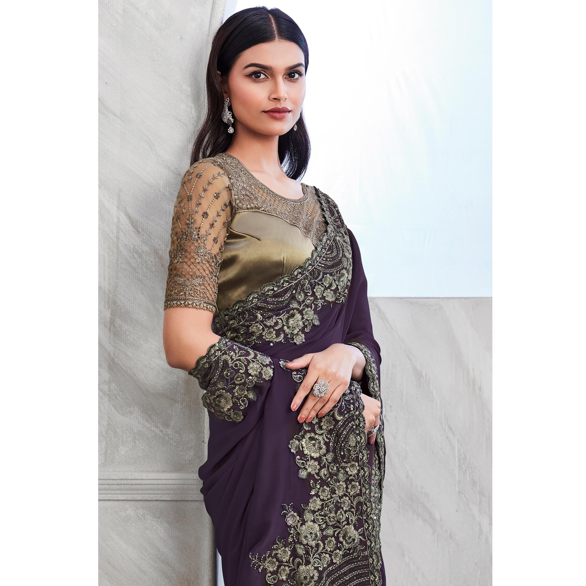 Purple Floral Sequins Embroidered Georgette Saree