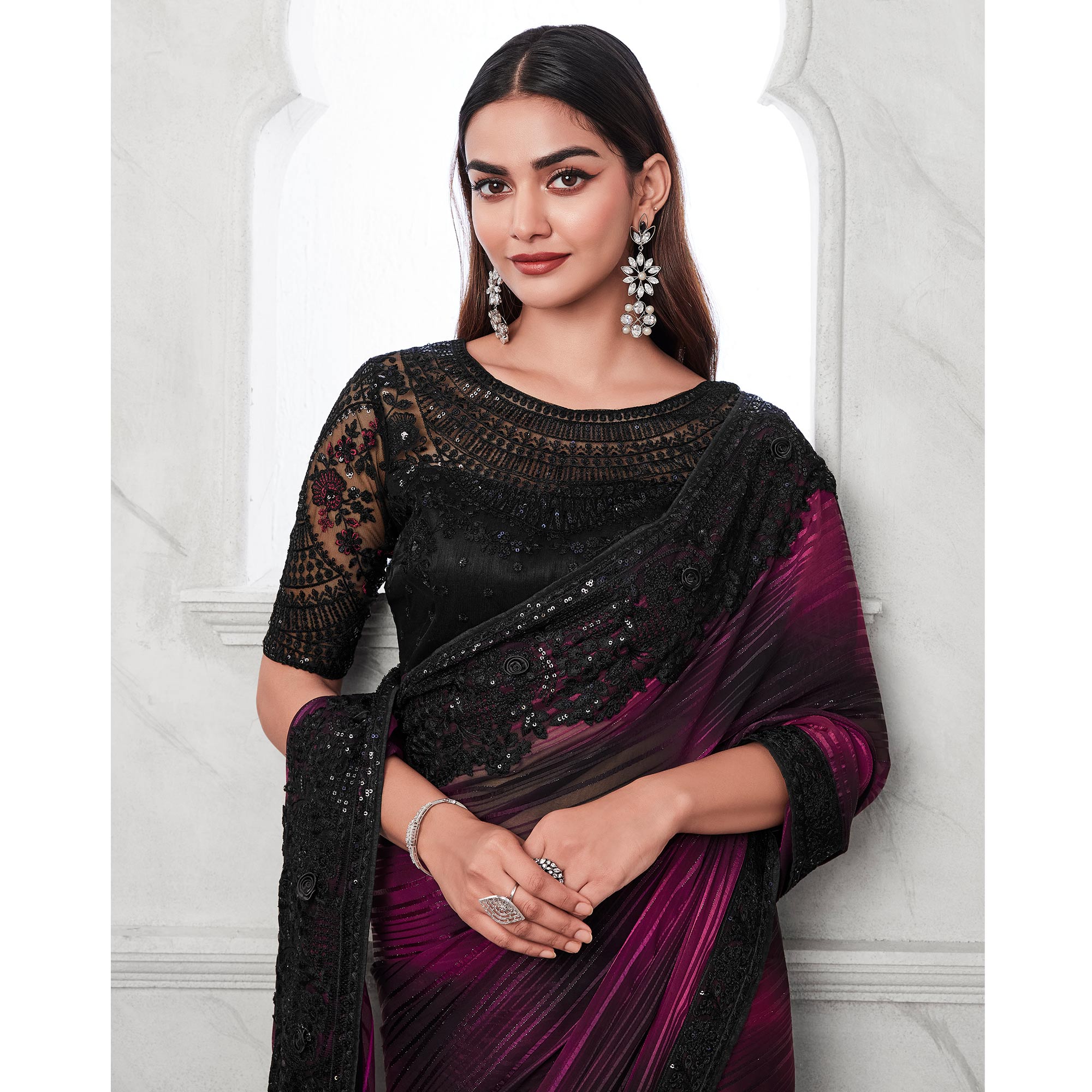 Magenta & Black Floral Sequins Embroidered Georgette Saree