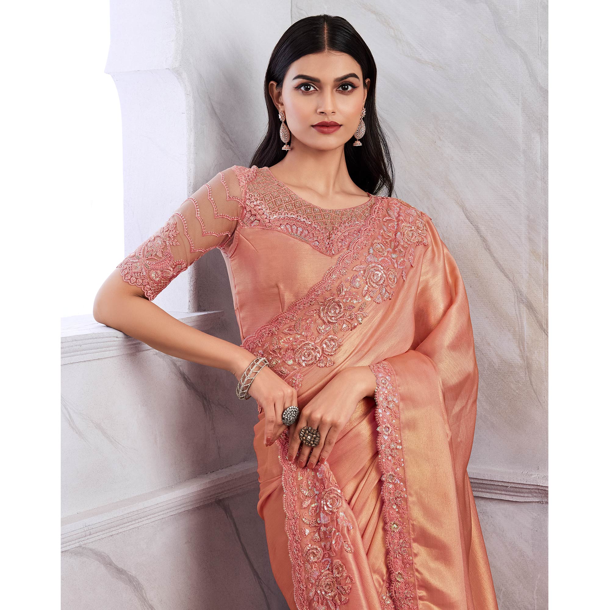 Peach Floral Sequins Embroidered Chiffon Saree