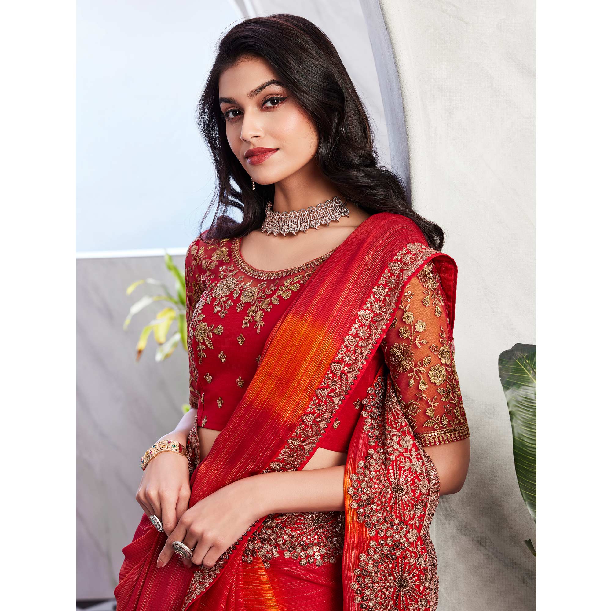 Red & Orange Floral Sequins Embroidered Chiffon Saree