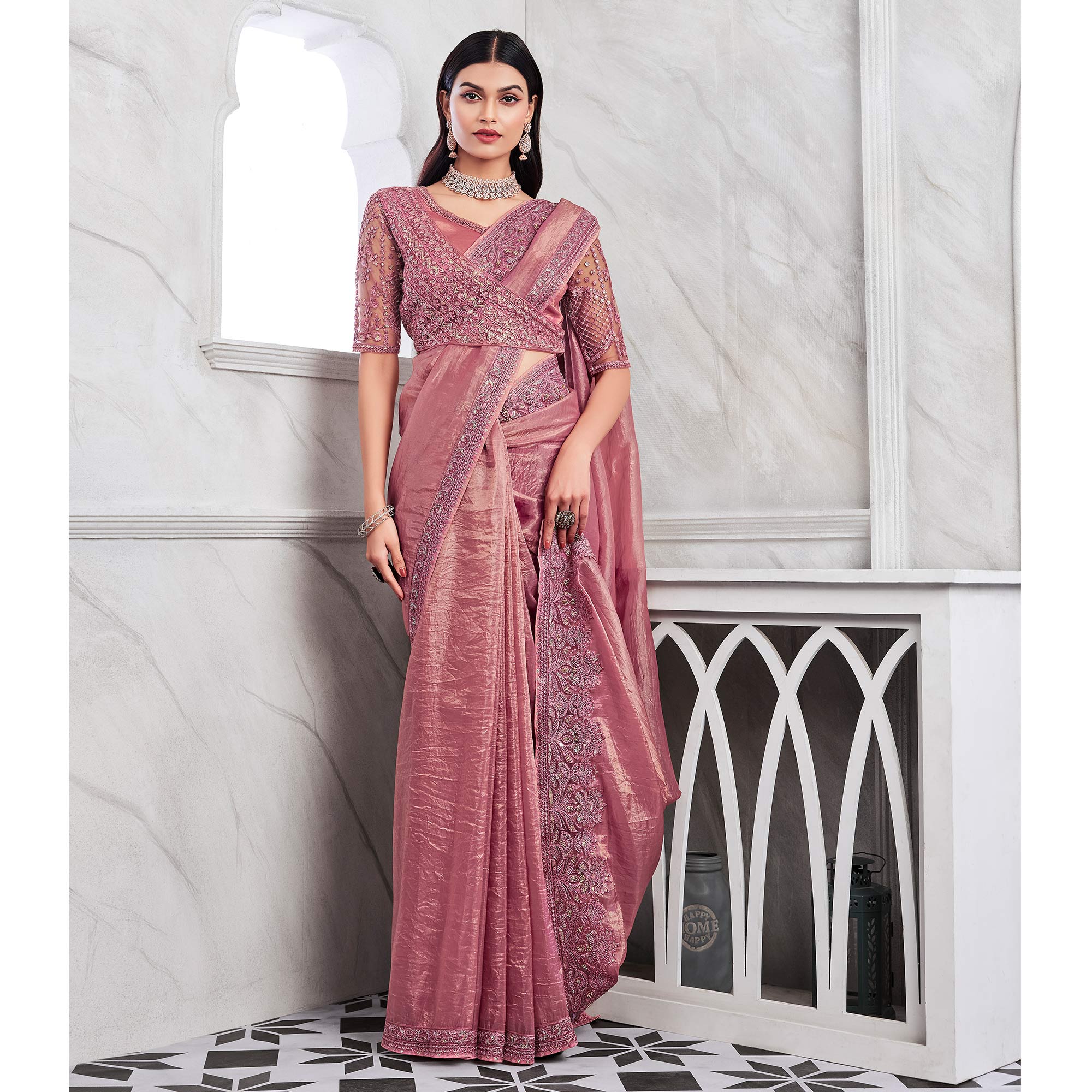 Mauve Floral Sequins Embroidered Georgette Saree