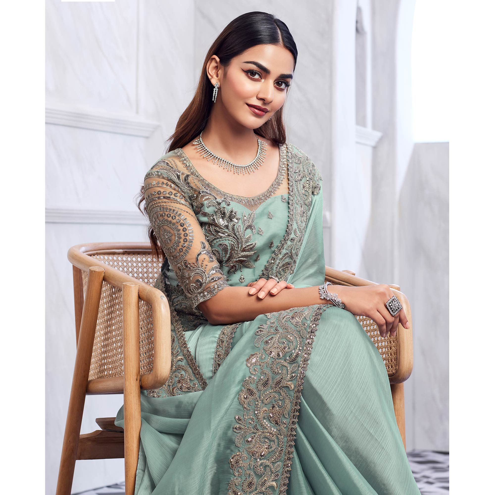 Sea Green Floral Sequins Embroidered Chiffon Saree