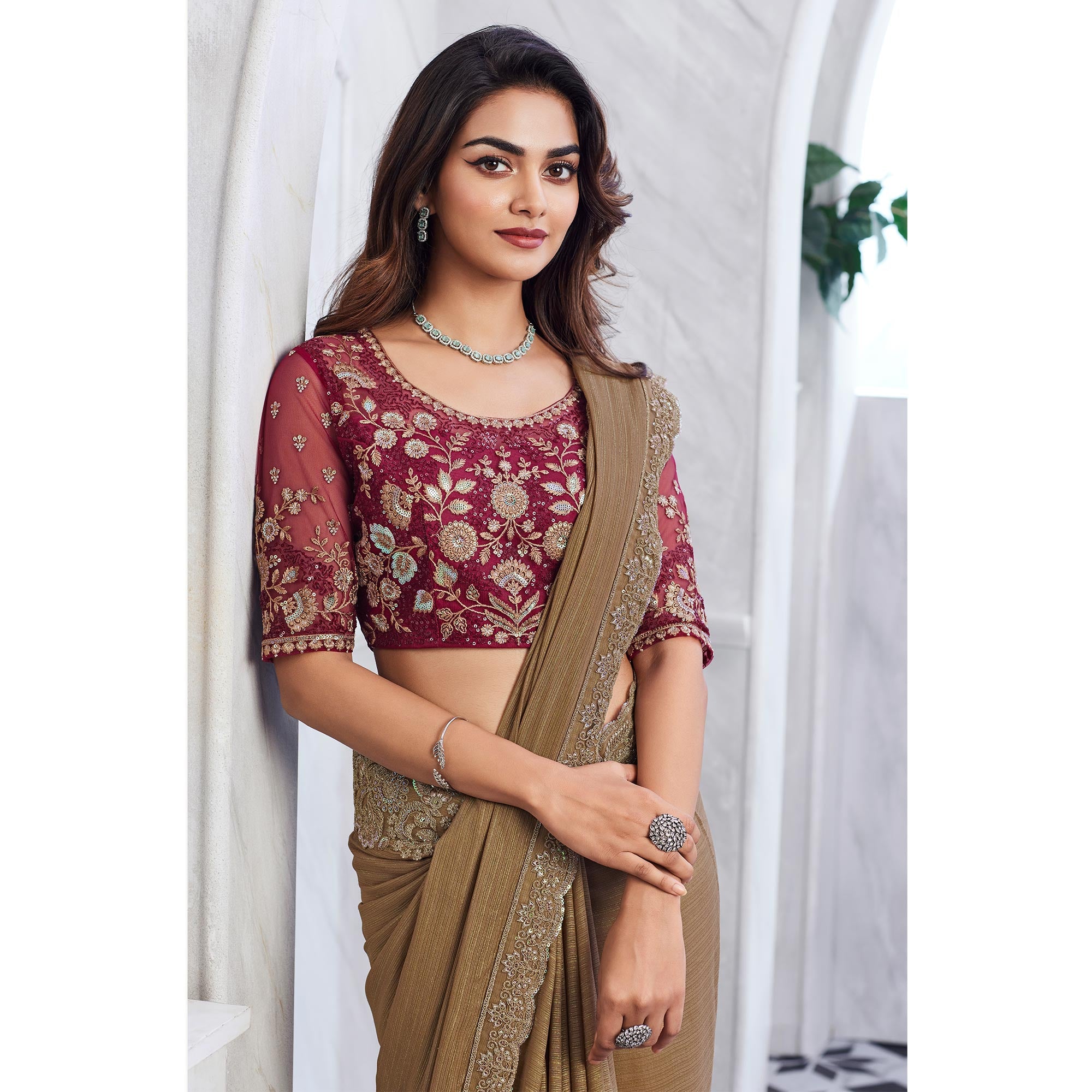 Brown Floral Sequins Embroidered Chiffon Saree