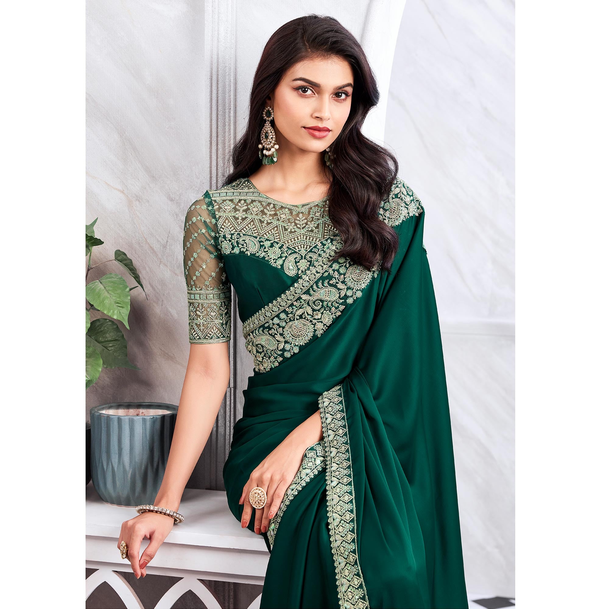 Green Floral Sequins Embroidered Satin Saree