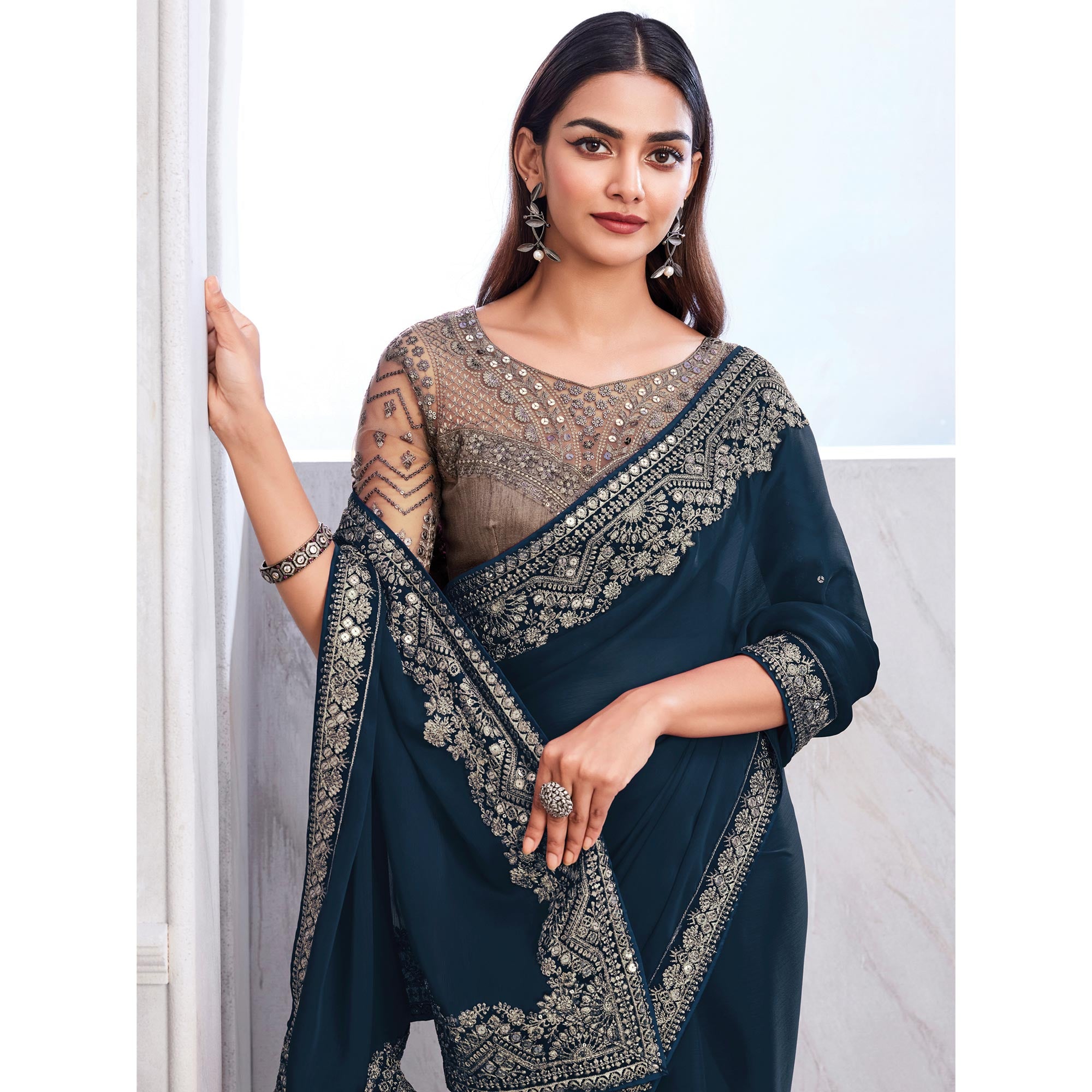 Blue Floral Sequins Embroidered Satin Saree