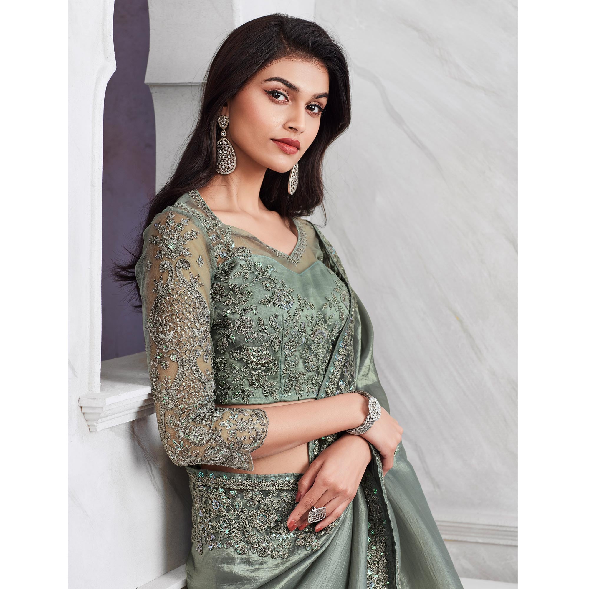 Grey Floral Sequins Embroidered Georgette Saree