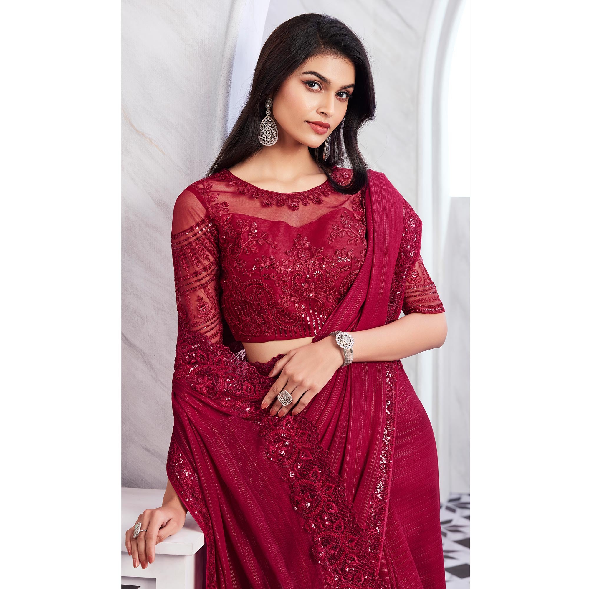Rani Pink Floral Sequins Embroidered Chiffon Saree