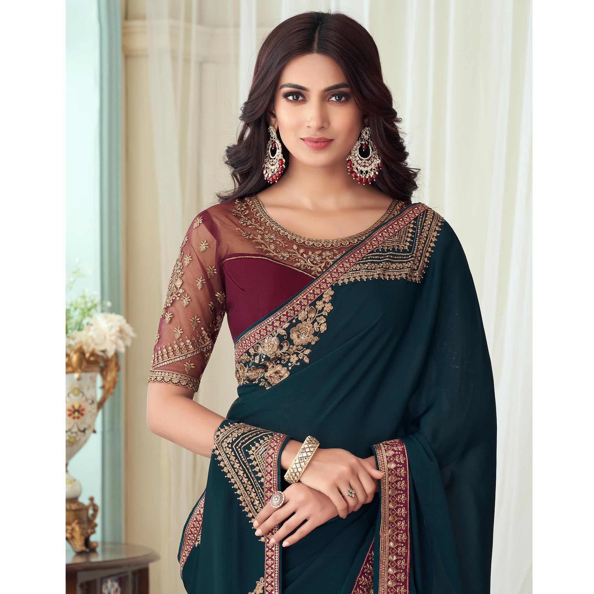 Teal Green Floral Sequin Embroidered Crepe Saree