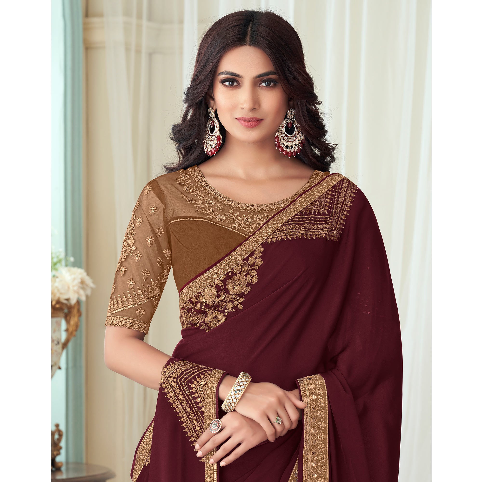 Maroon Floral Sequin Embroidered Crepe Saree