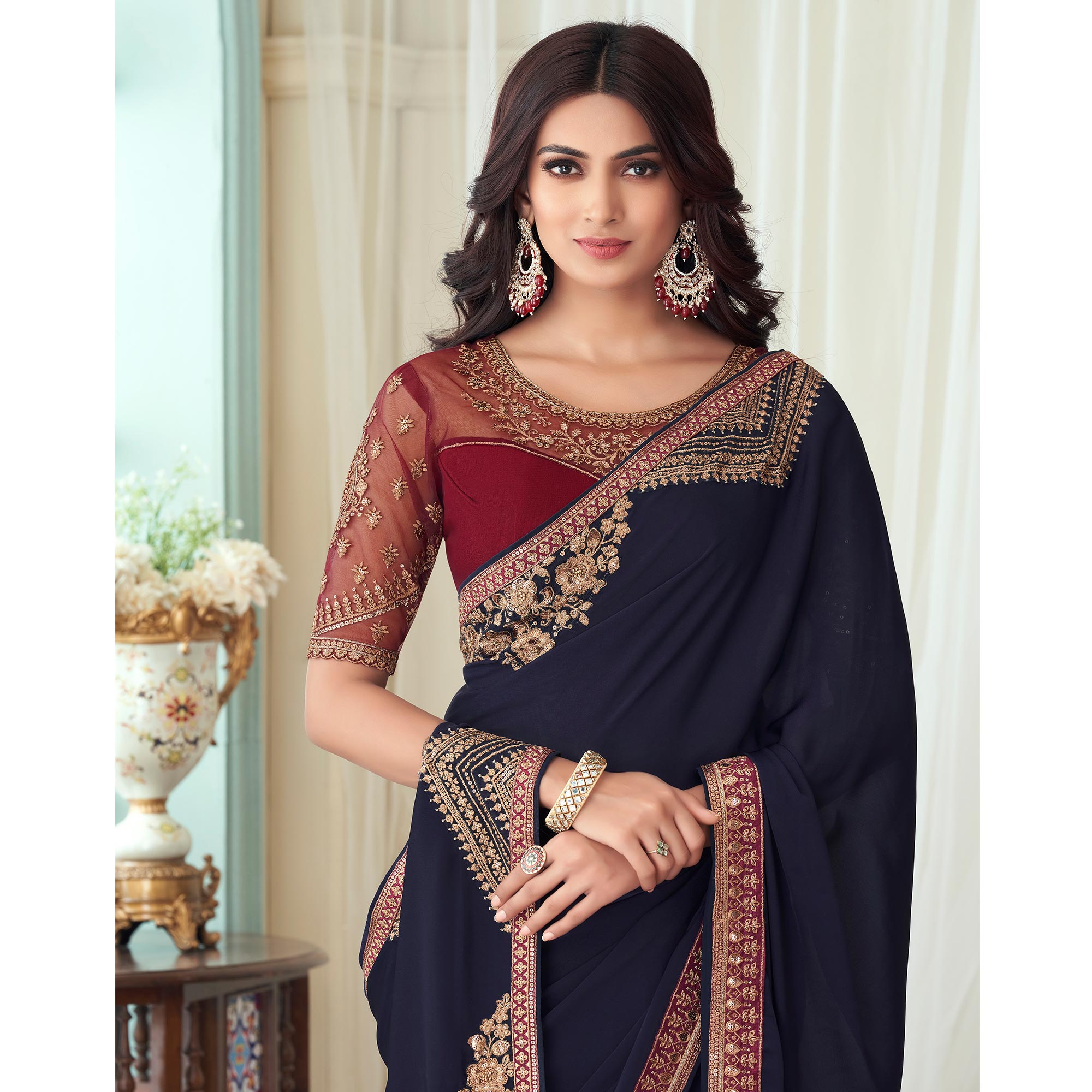 Navy Blue Floral Sequin Embroidered Crepe Saree