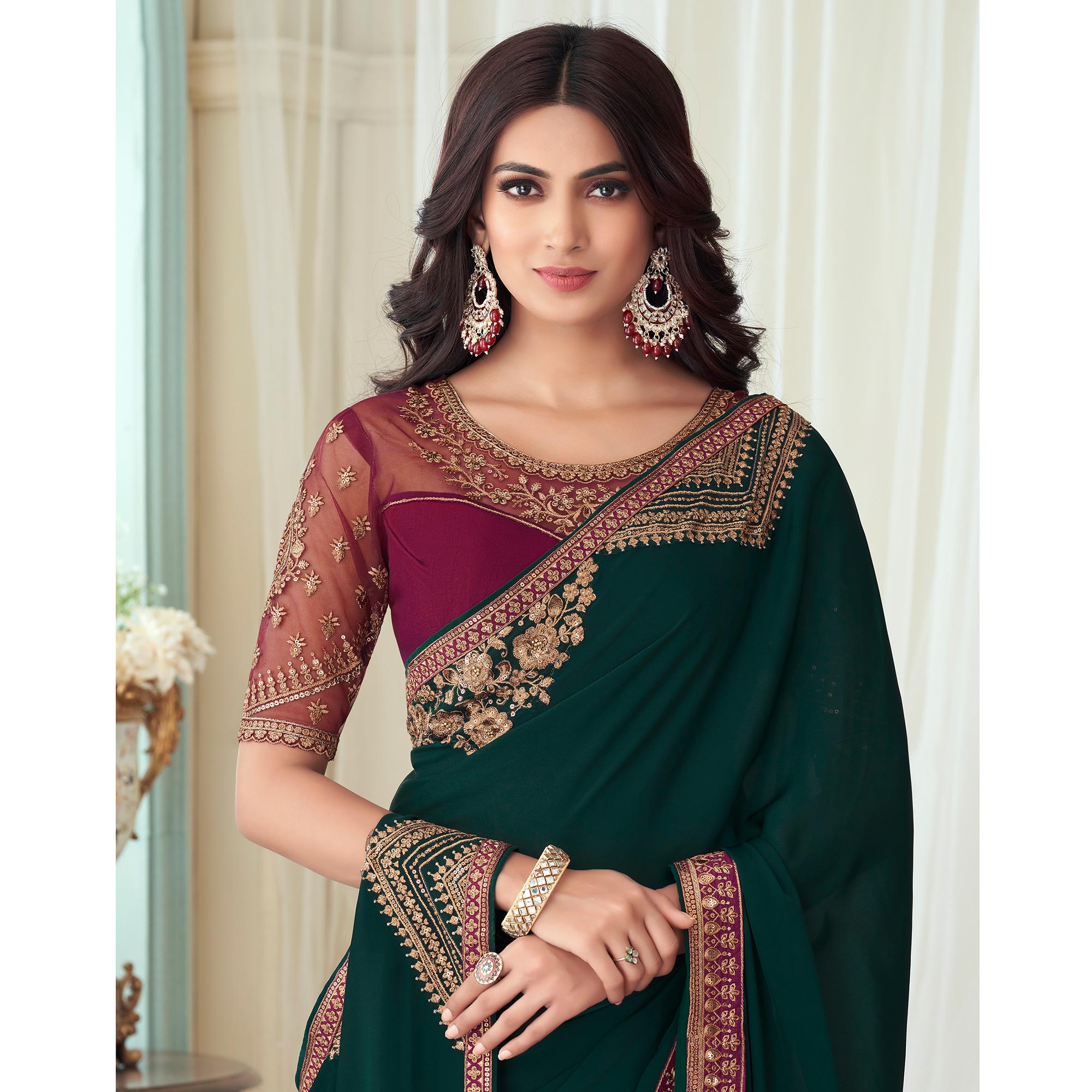 Bottle Green Floral Sequin Embroidered Crepe Saree
