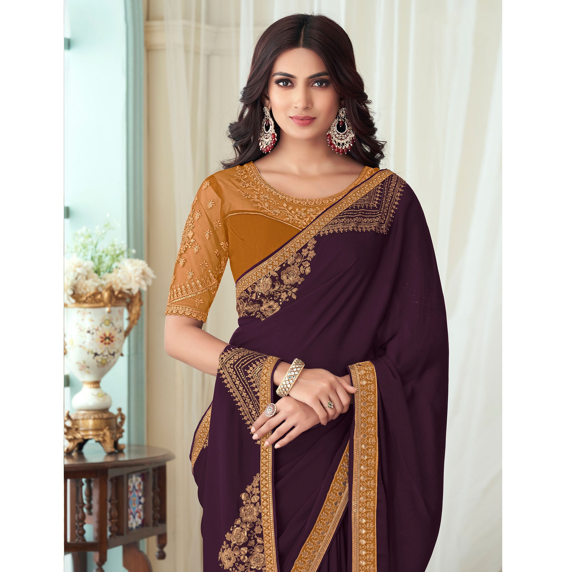 Wine Floral Sequin Embroidered Crepe Saree