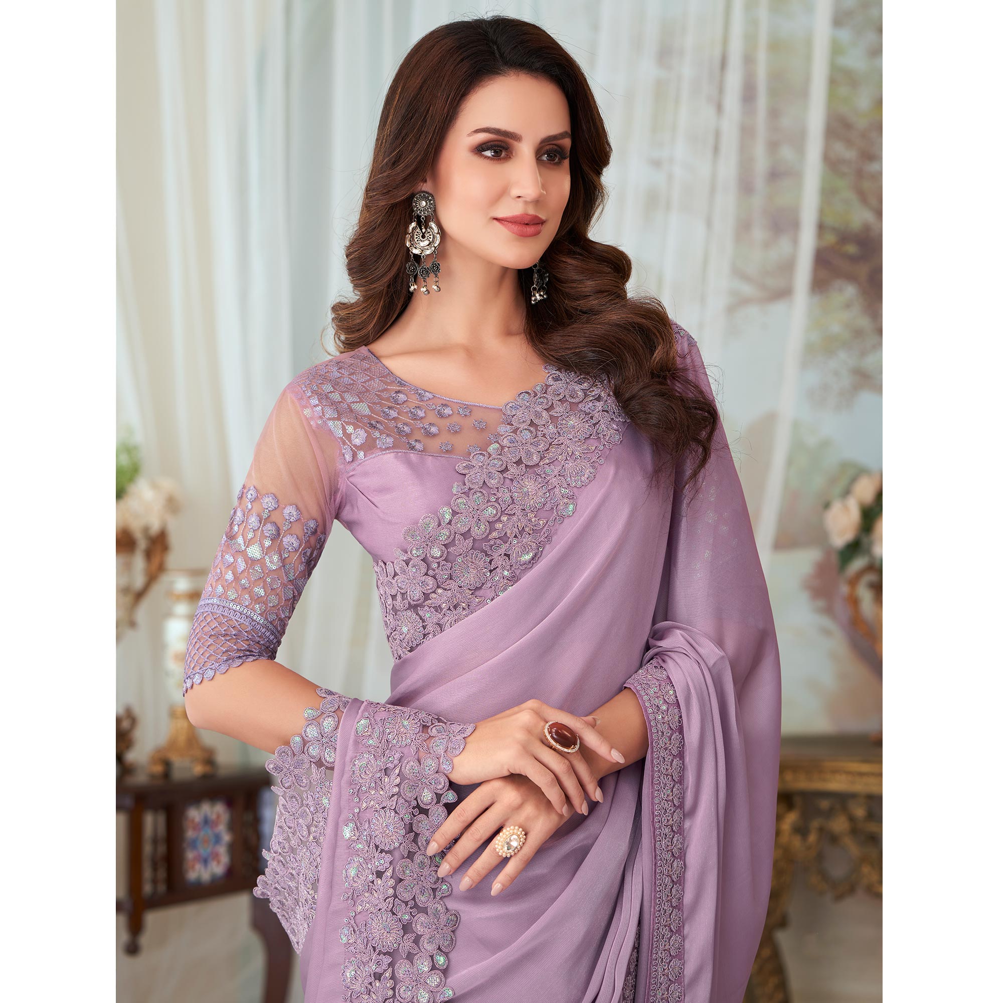 Lavender Floral Sequin Embroidered Satin Saree