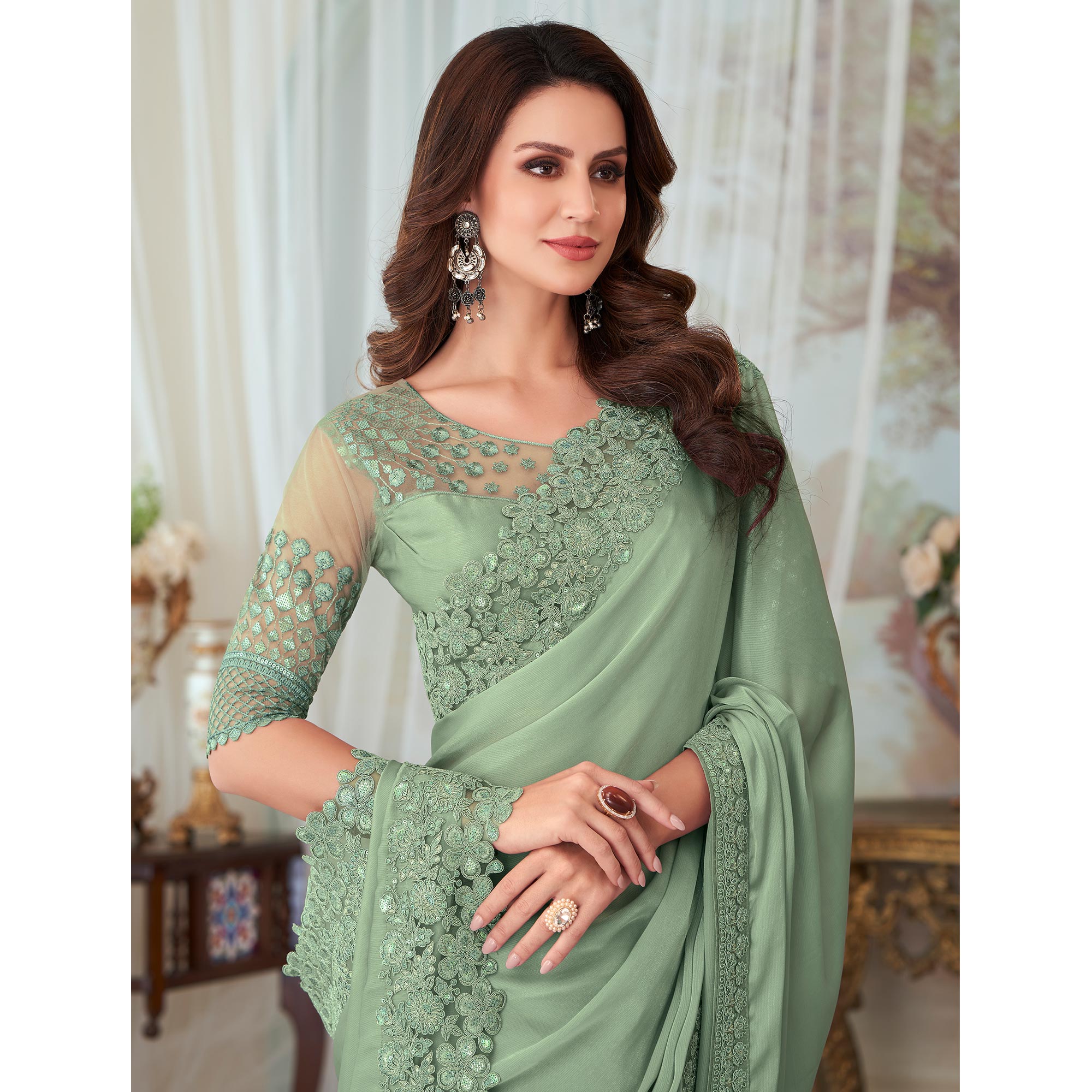 Pista Green Floral Sequin Embroidered Satin Saree