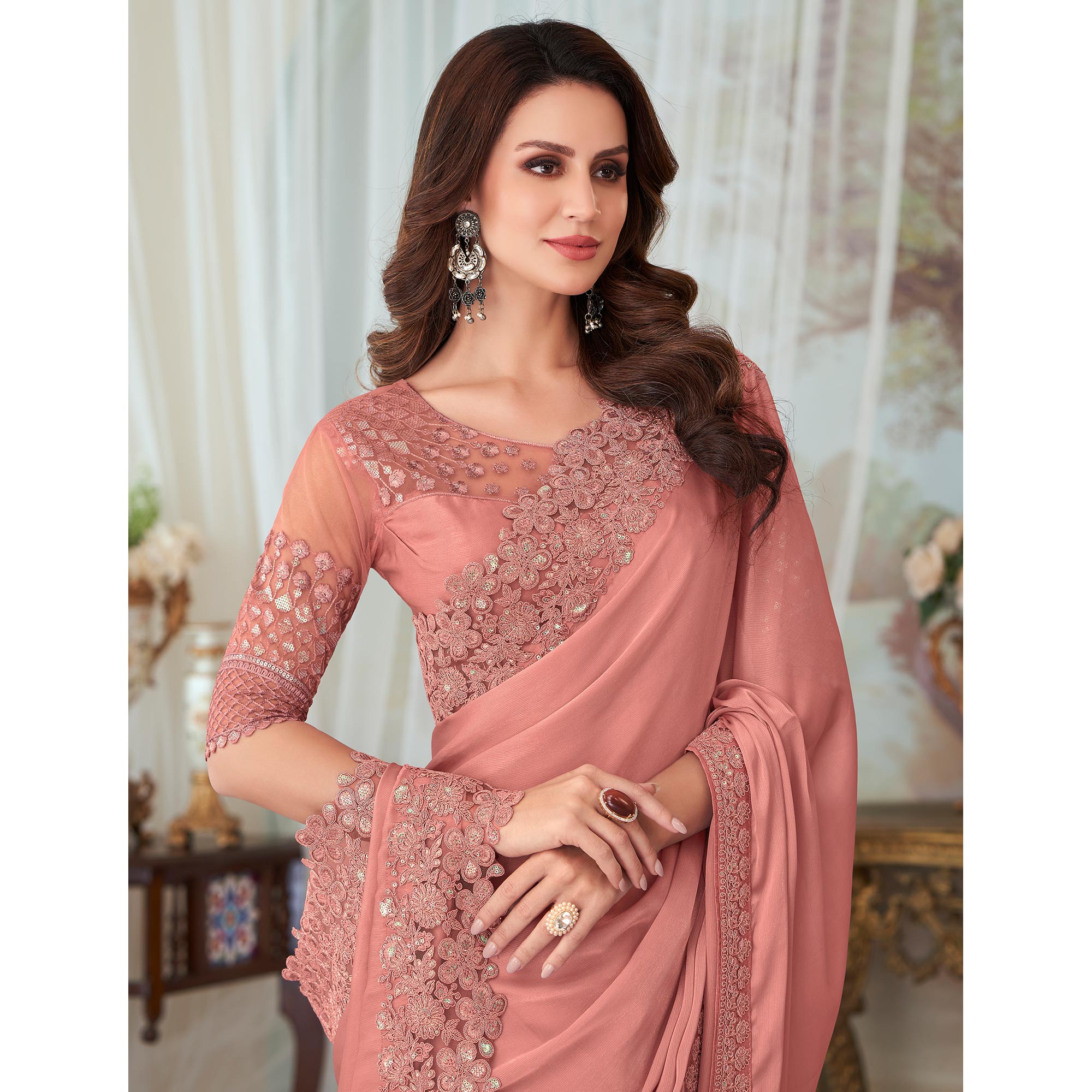 Peach Floral Sequin Embroidered Satin Saree