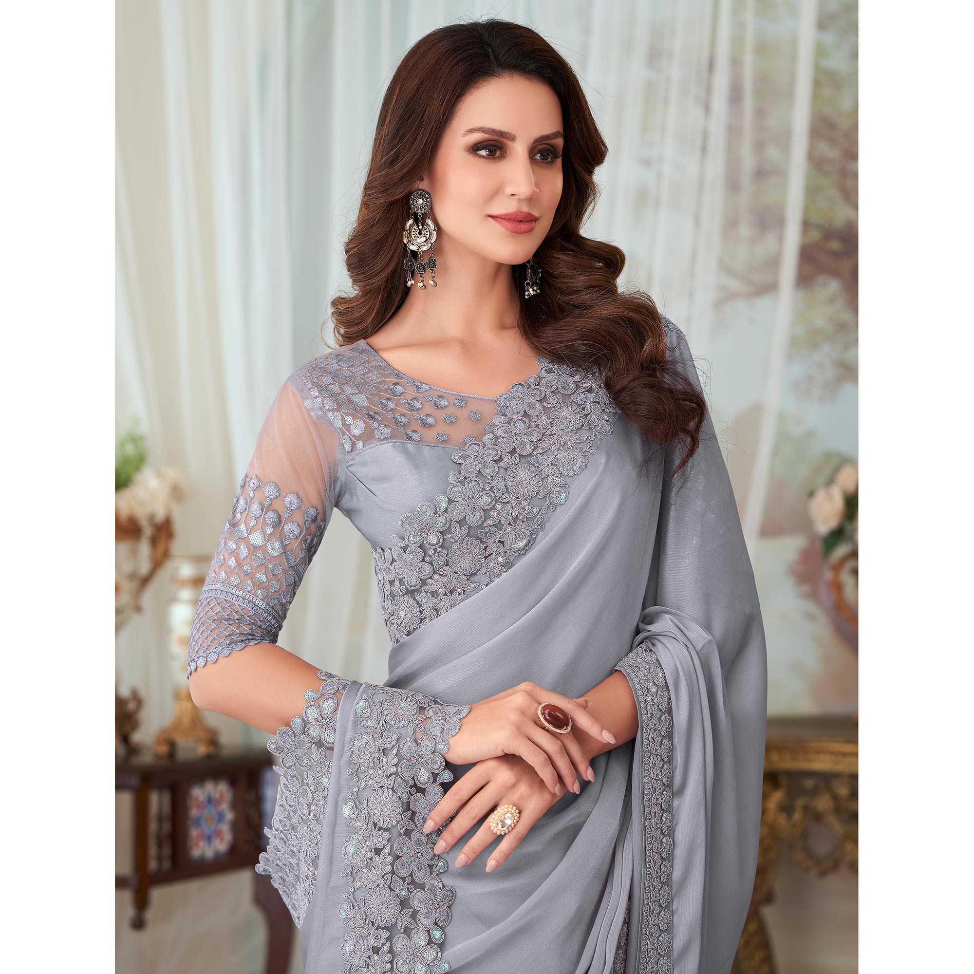 Grey Floral Sequin Embroidered Satin Saree