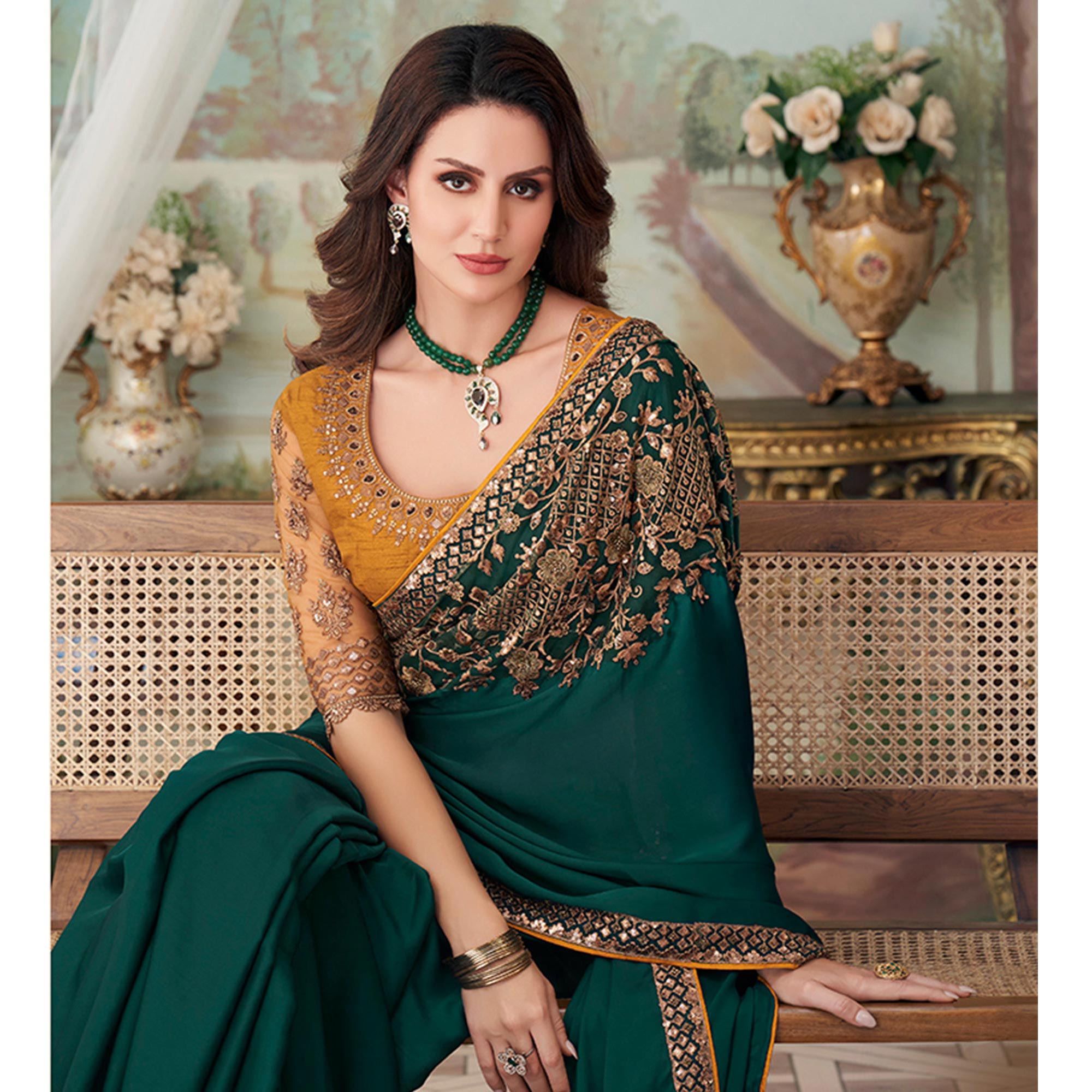 Green Floral Sequin Embroidered Crepe Saree