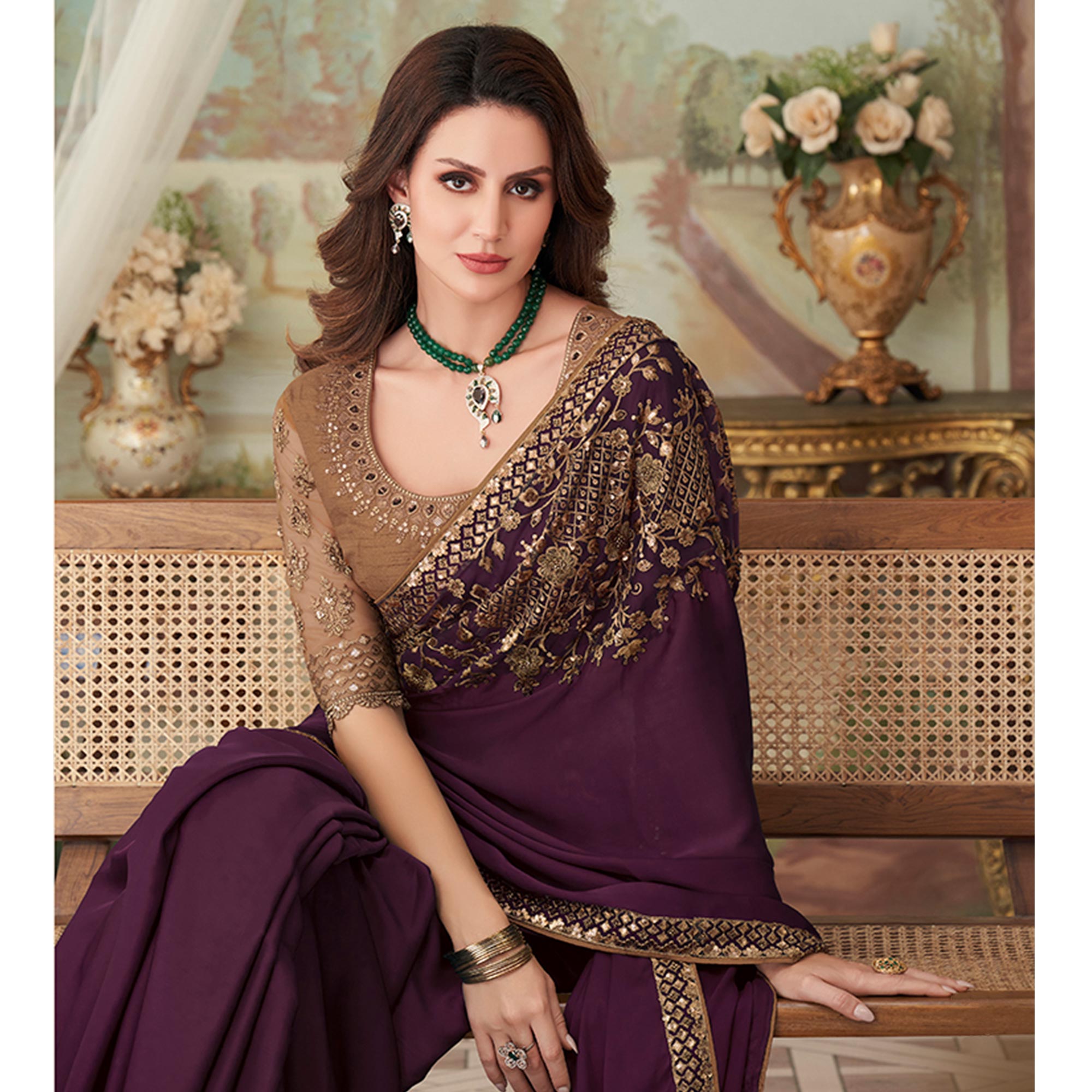 Wine Floral Sequin Embroidered Crepe Saree