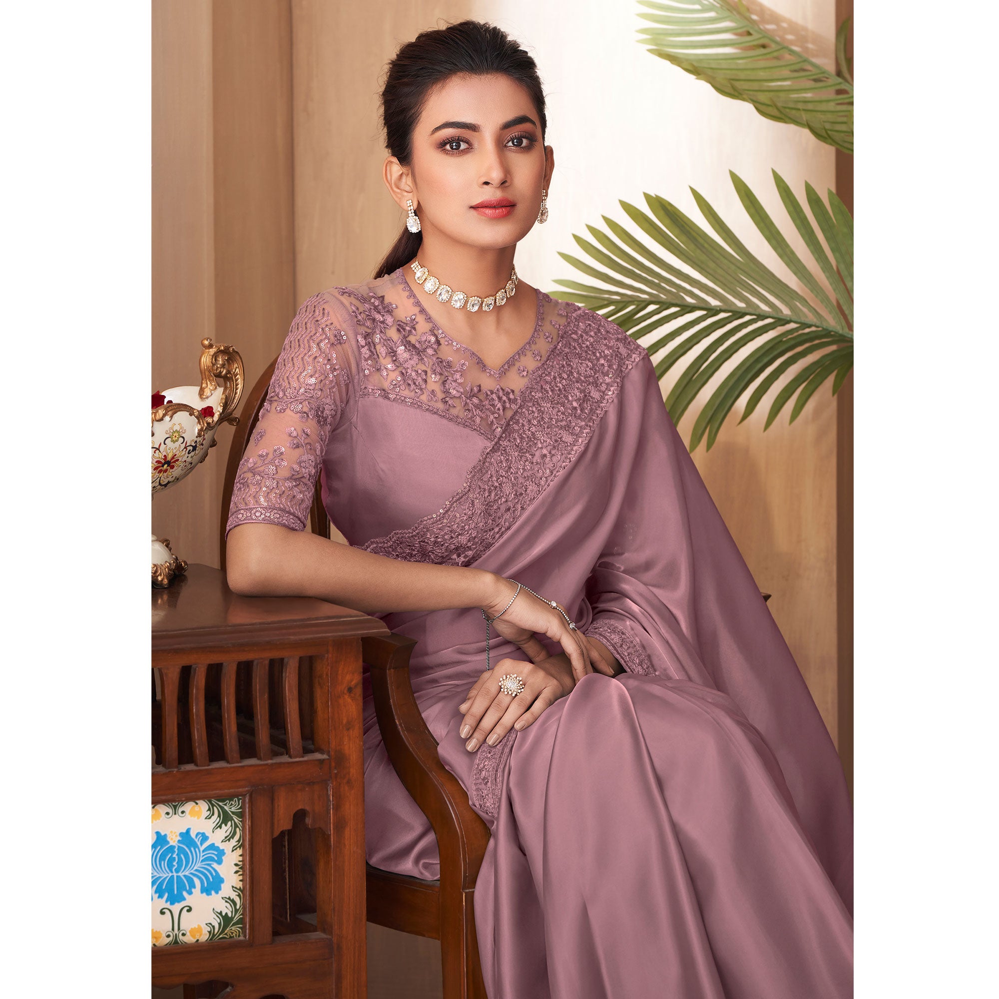 Mauve Sequins Embroidered Satin Saree