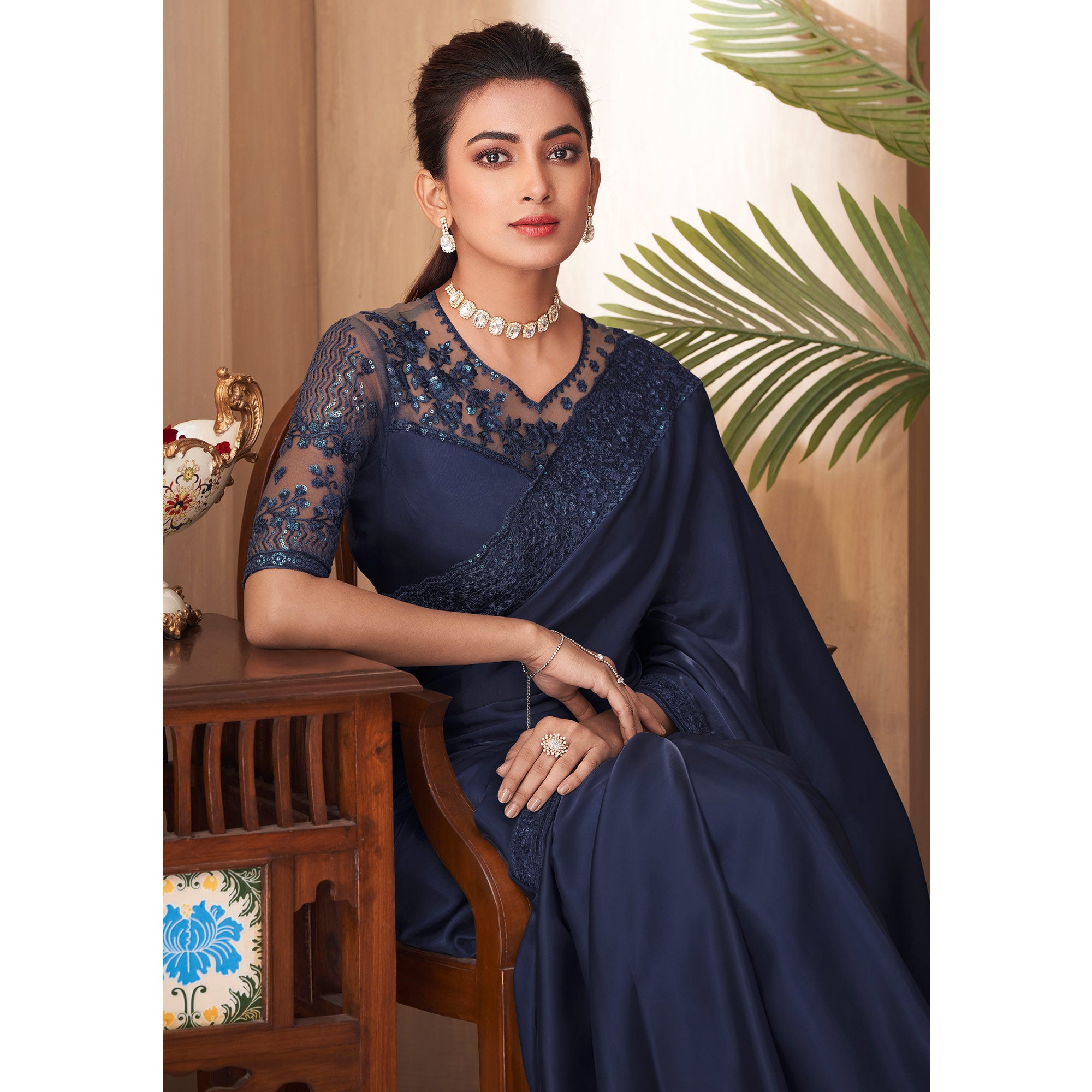 Navy Blue Sequins Embroidered Satin Saree