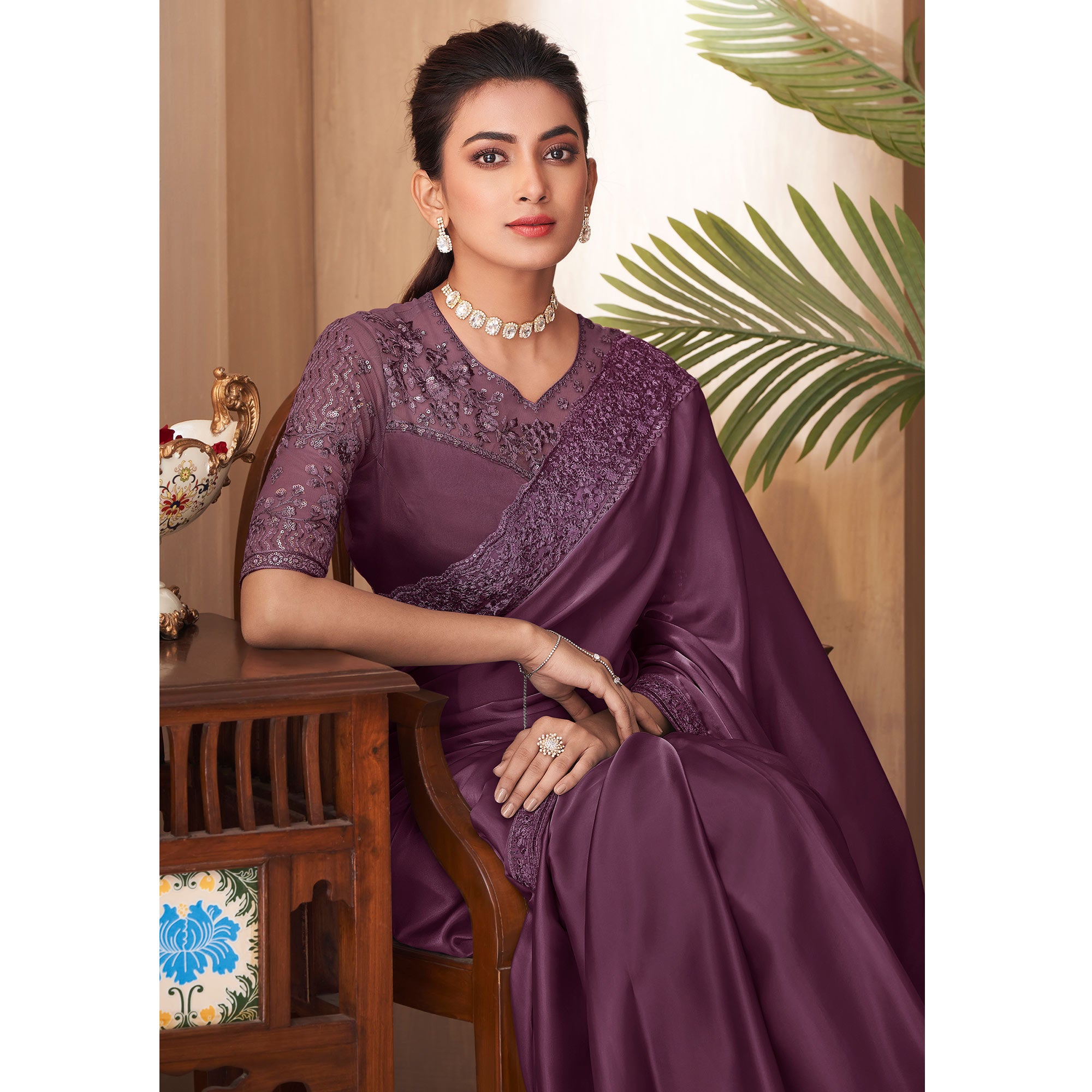 Wine Sequins Embroidered Satin Saree