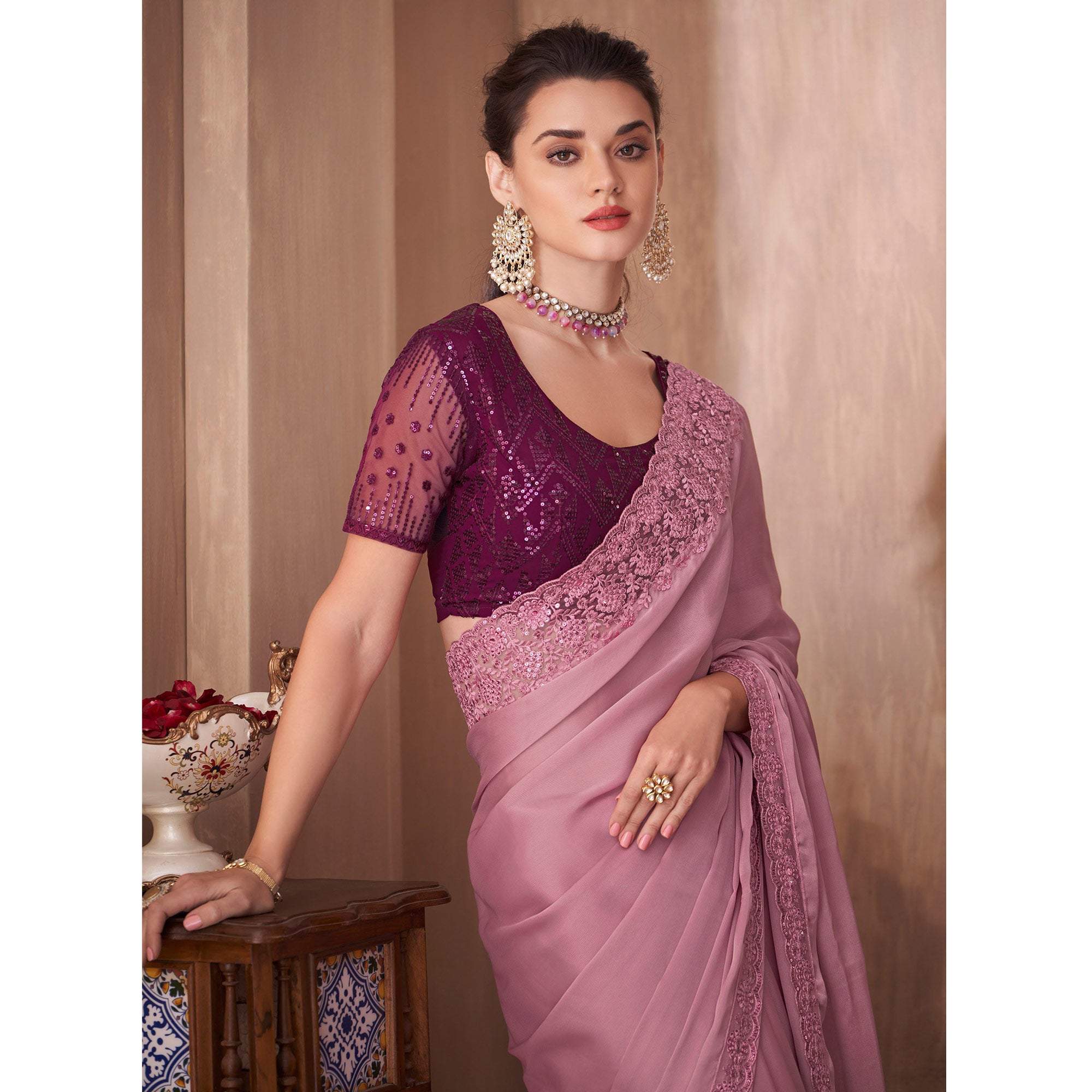 Pink Embroidered Satin Saree