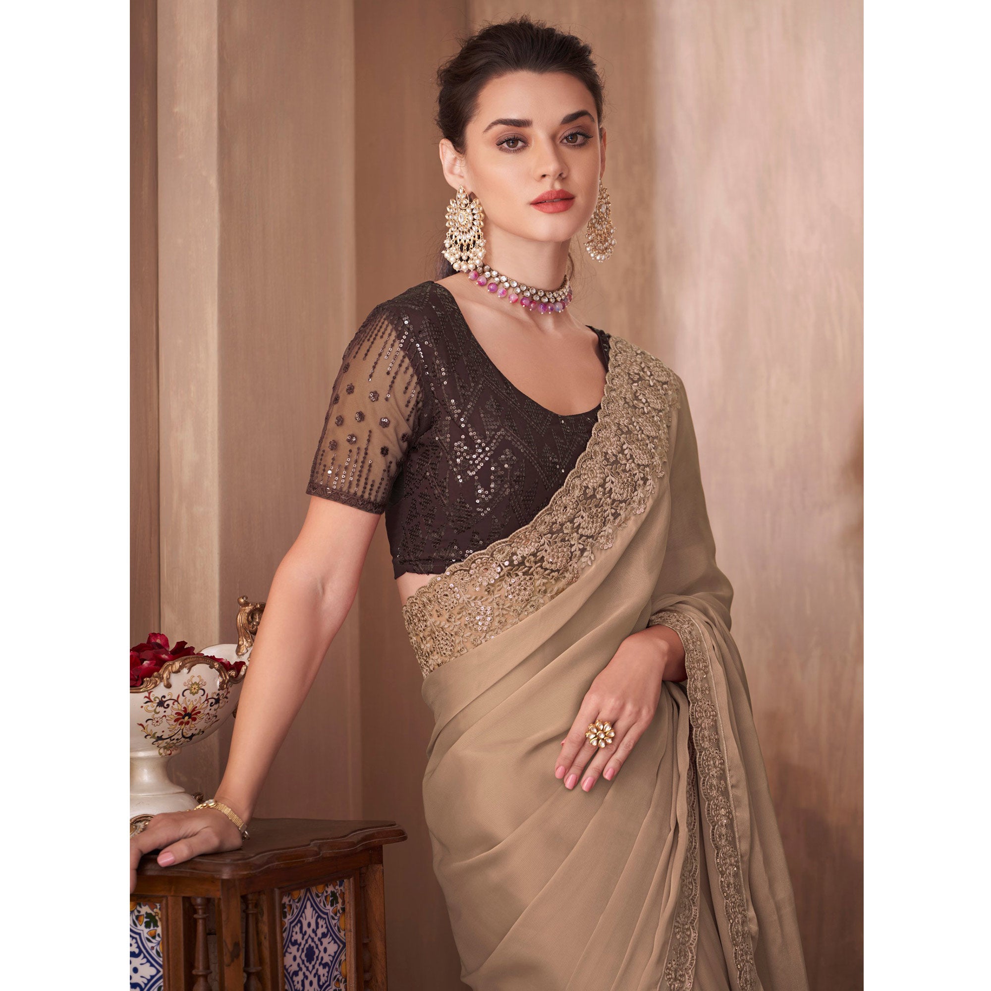 Light Brown Embroidered Satin Saree