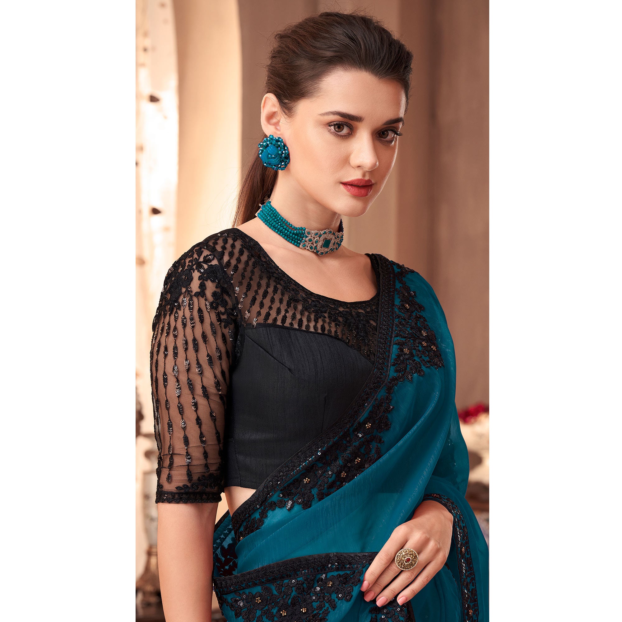 Blue Floral Embroidered Georgette Saree