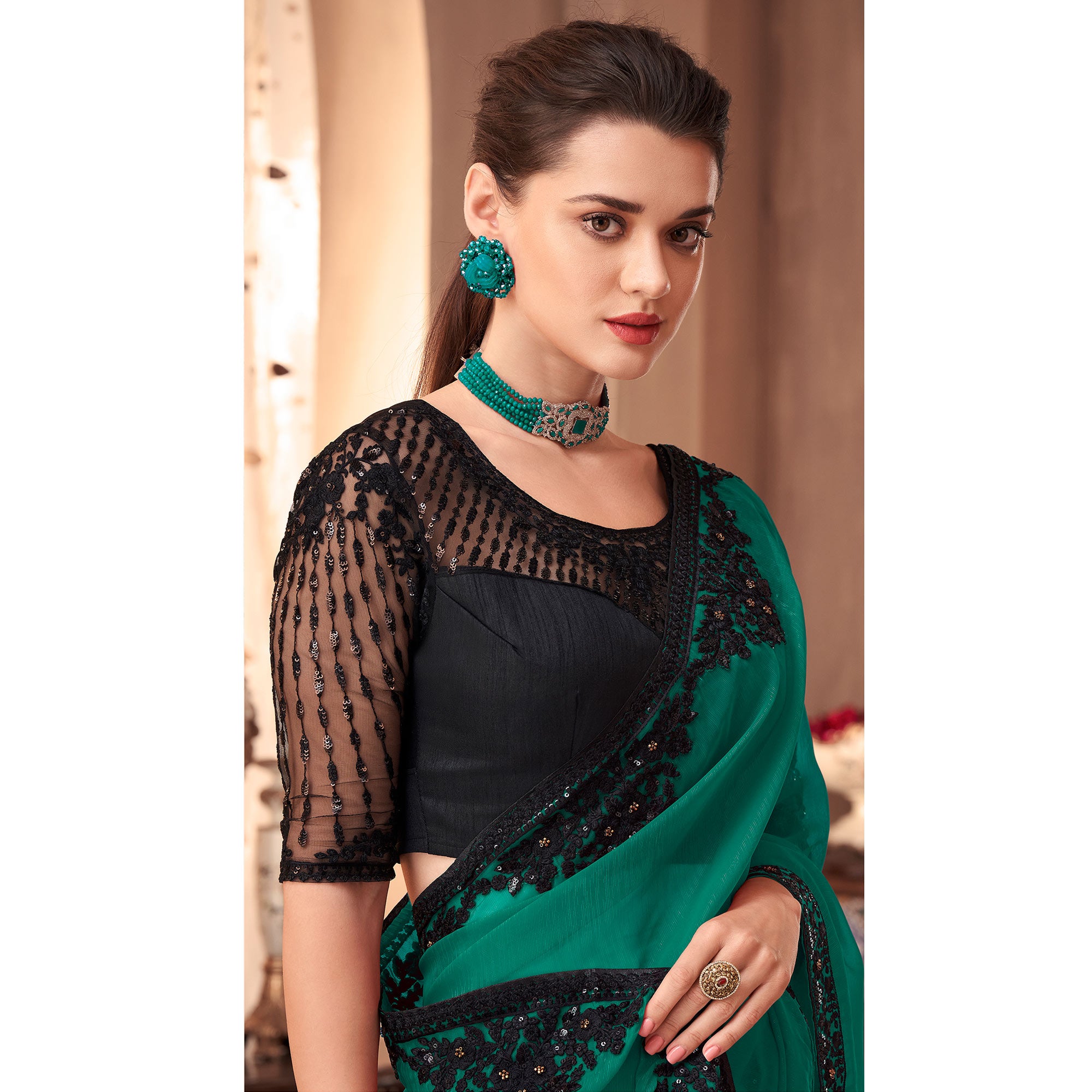 Green Floral Embroidered Georgette Saree