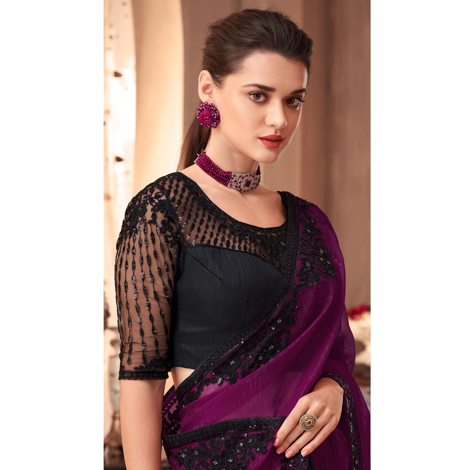 Wine Floral Embroidered Georgette Saree