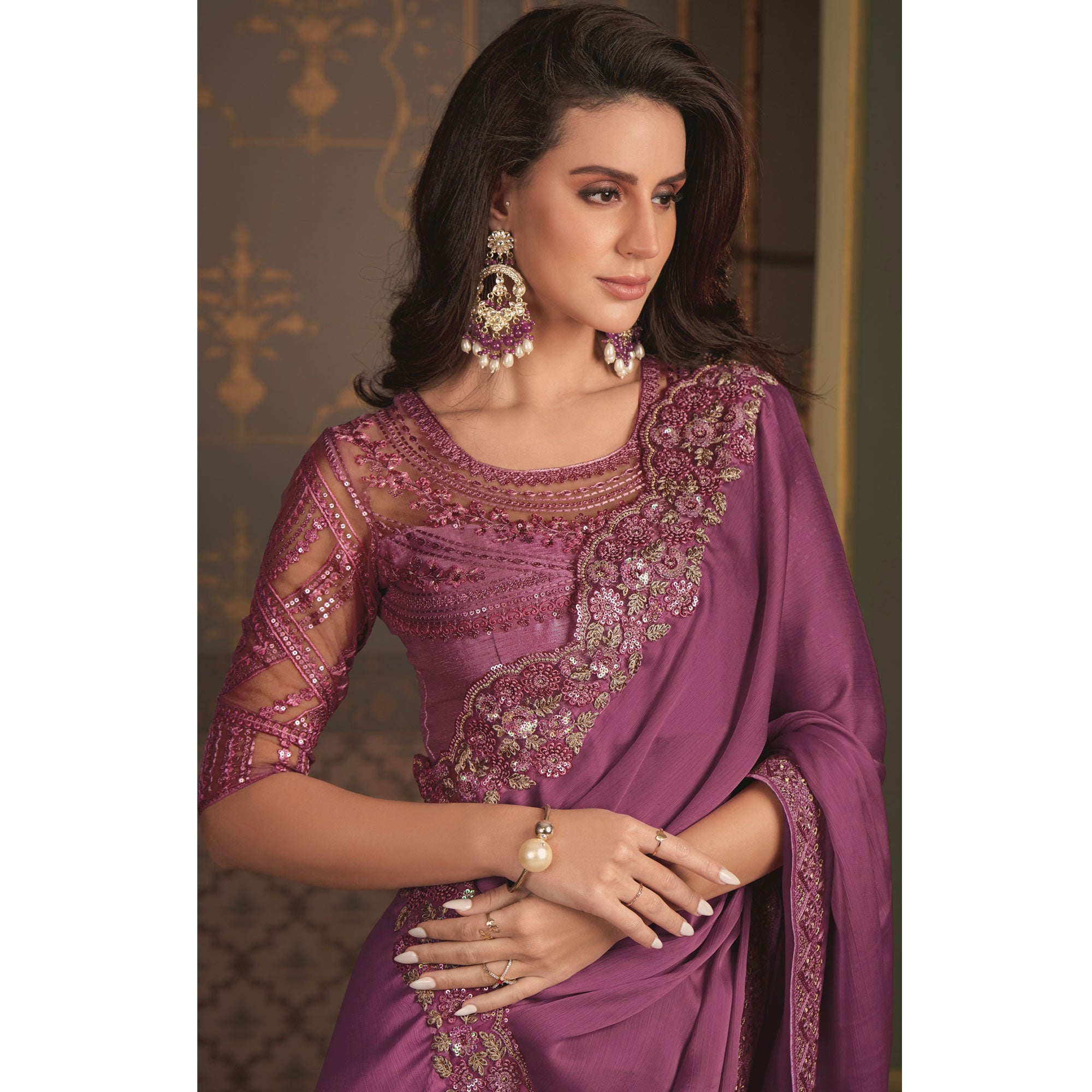 Purple Embroidered Designer Satin Saree