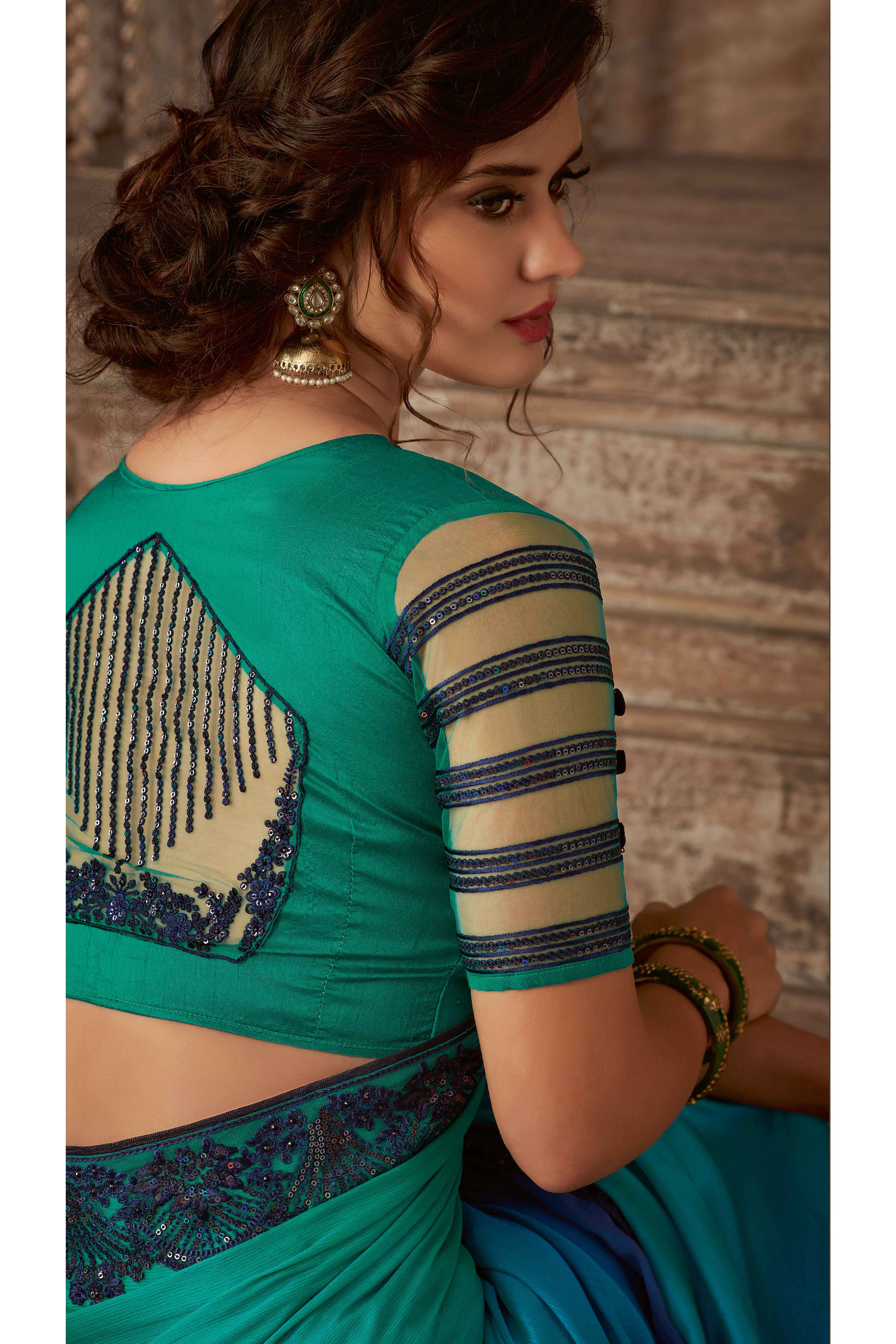Sea Green & Blue Ombre Print With Embroidered Chiffon Saree