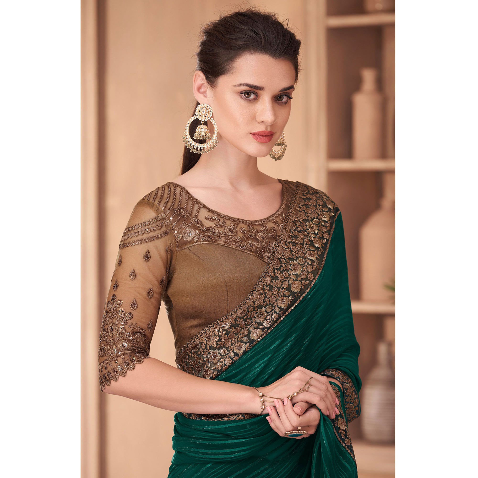 Bottle Green Floral Embroidered Georgette Saree