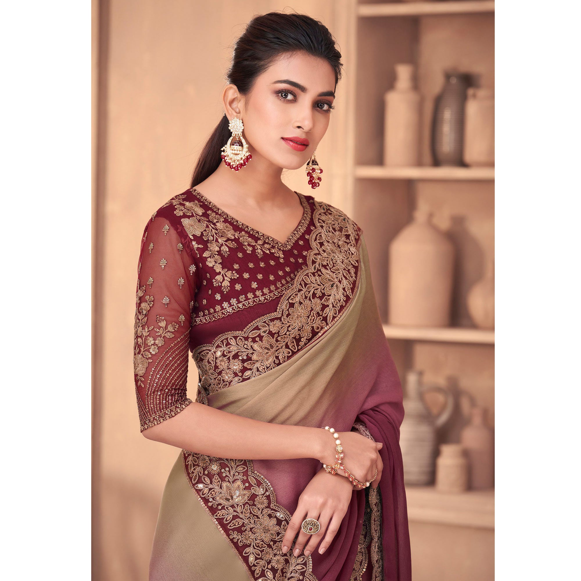 Wine & Brown Floral Embroidered Georgette Saree